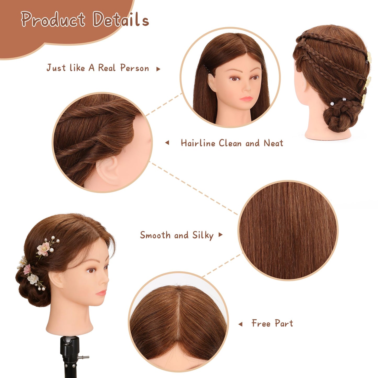 White Smoke Mannequin Head with 100% Real Human Hair 22"-24", Cosmetology Mannequin Head for Hairdresser Practice Braiding, Styling, Cutting and Hair Training（Dark Brown）