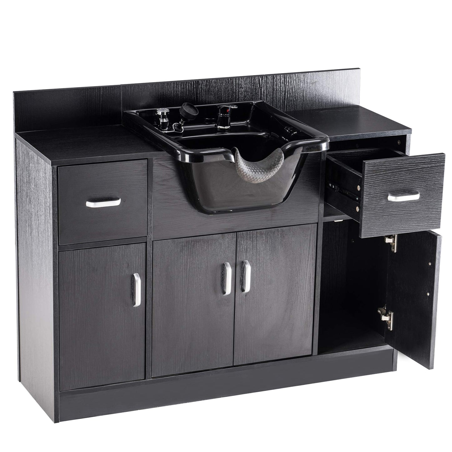 White Smoke BarberPub Multi-Functional Shampoo Backwash Sink Station with Shampoo Bowl for Hair Stylist, Salon Spa Beauty Cabinet with Faucet Sprayer, Barber Storage Equipment 45.3" x 14.1'' x 36.4" 7139