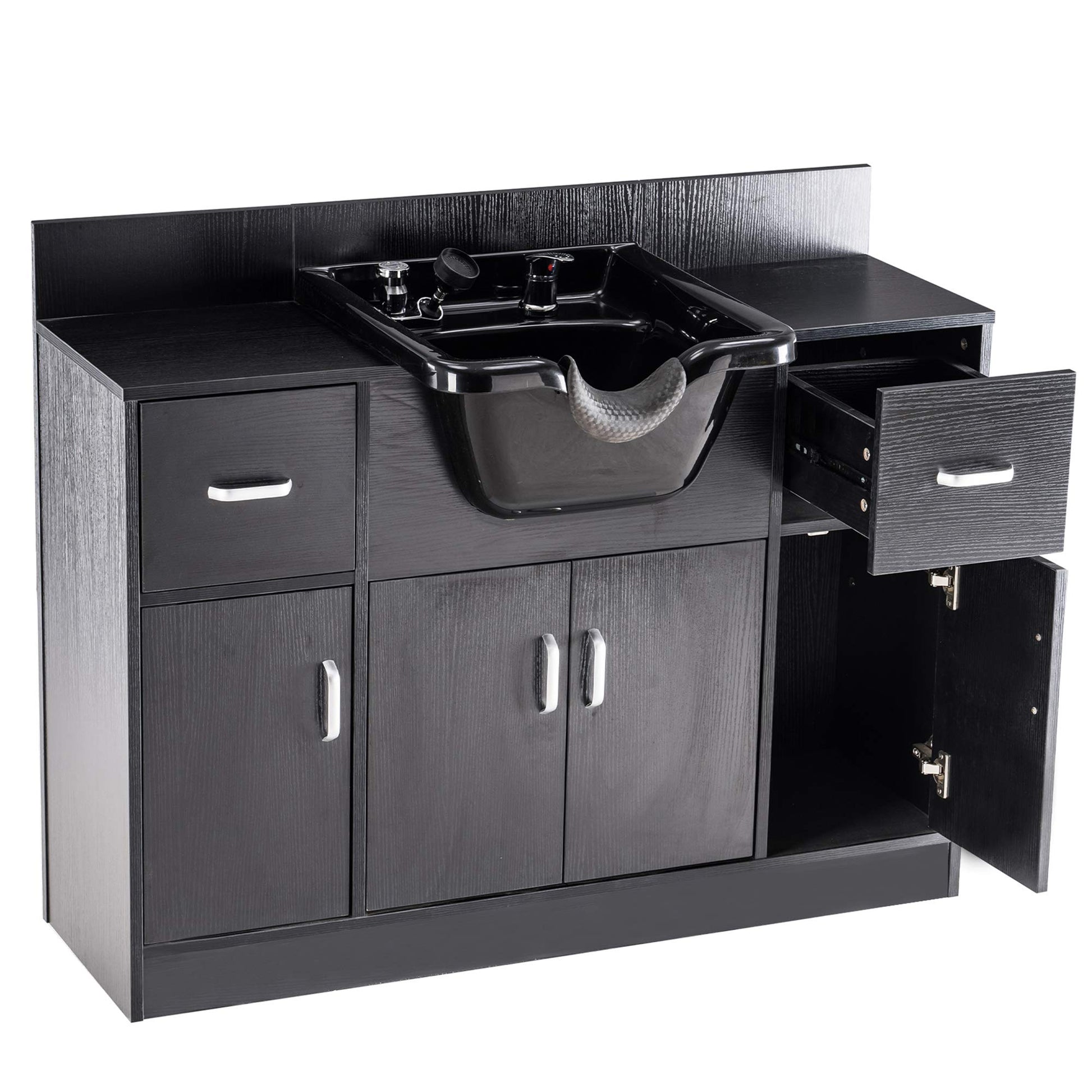 White Smoke BarberPub Multi-Functional Shampoo Backwash Sink Station with Shampoo Bowl for Hair Stylist, Salon Spa Beauty Cabinet with Faucet Sprayer, Barber Storage Equipment 45.3" x 14.1'' x 36.4" 7139