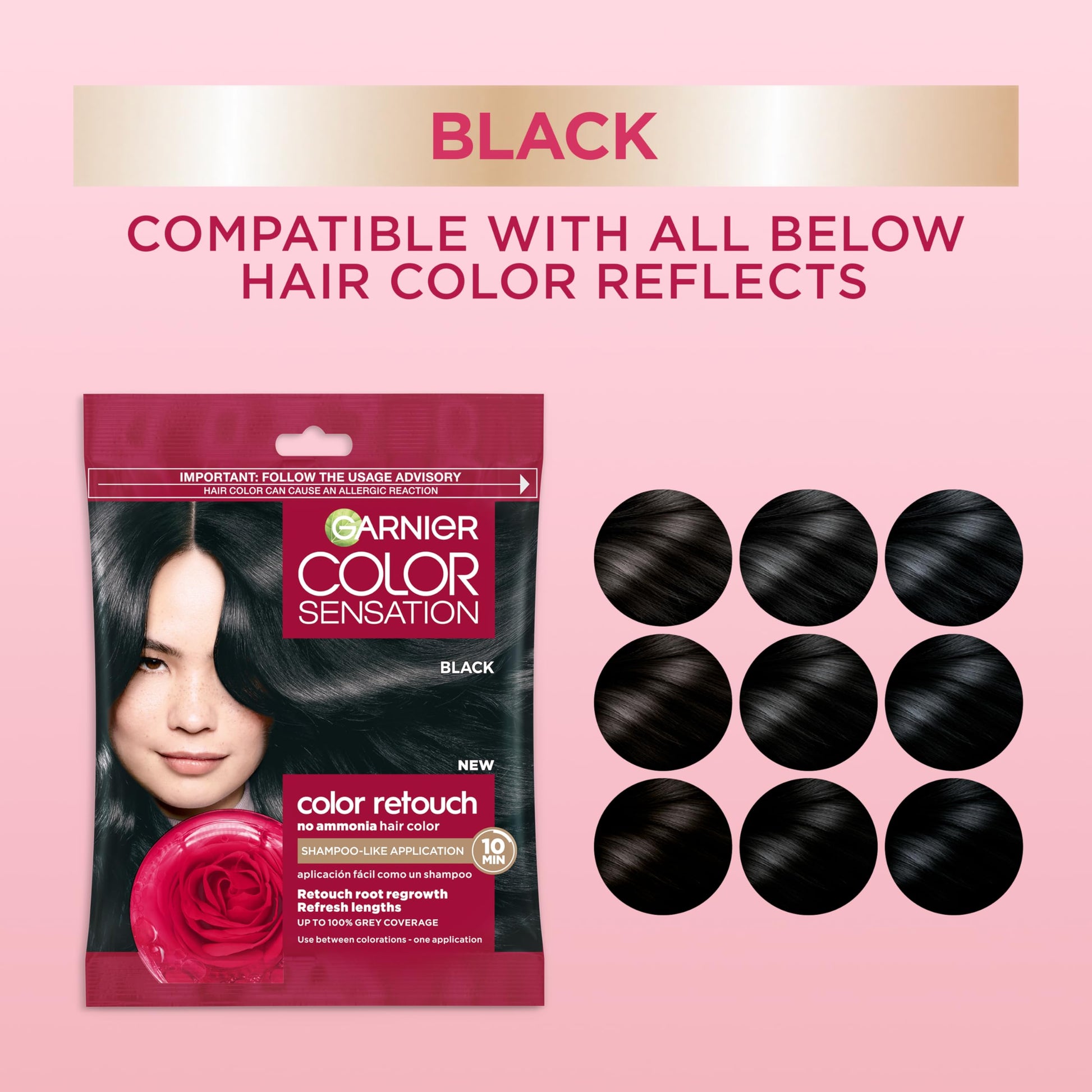 Pink Garnier Color Sensation Color Retouch, Demi Permanent Hair Dye for Roots with 100% Gray Coverage, Black Hair Dye 1.0, Pack of 6 (Packaging May Vary)