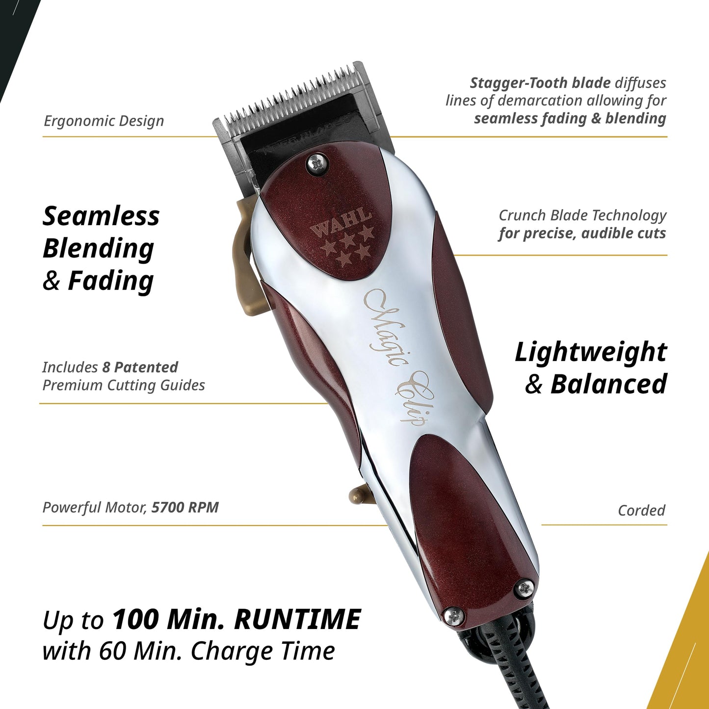 White Smoke Wahl Professional 5 Star Series Magic Clip Precision Fade Clipper with Zero Overlap Adjustable Blades, Corded Operation, V9000 Motor, Chrome