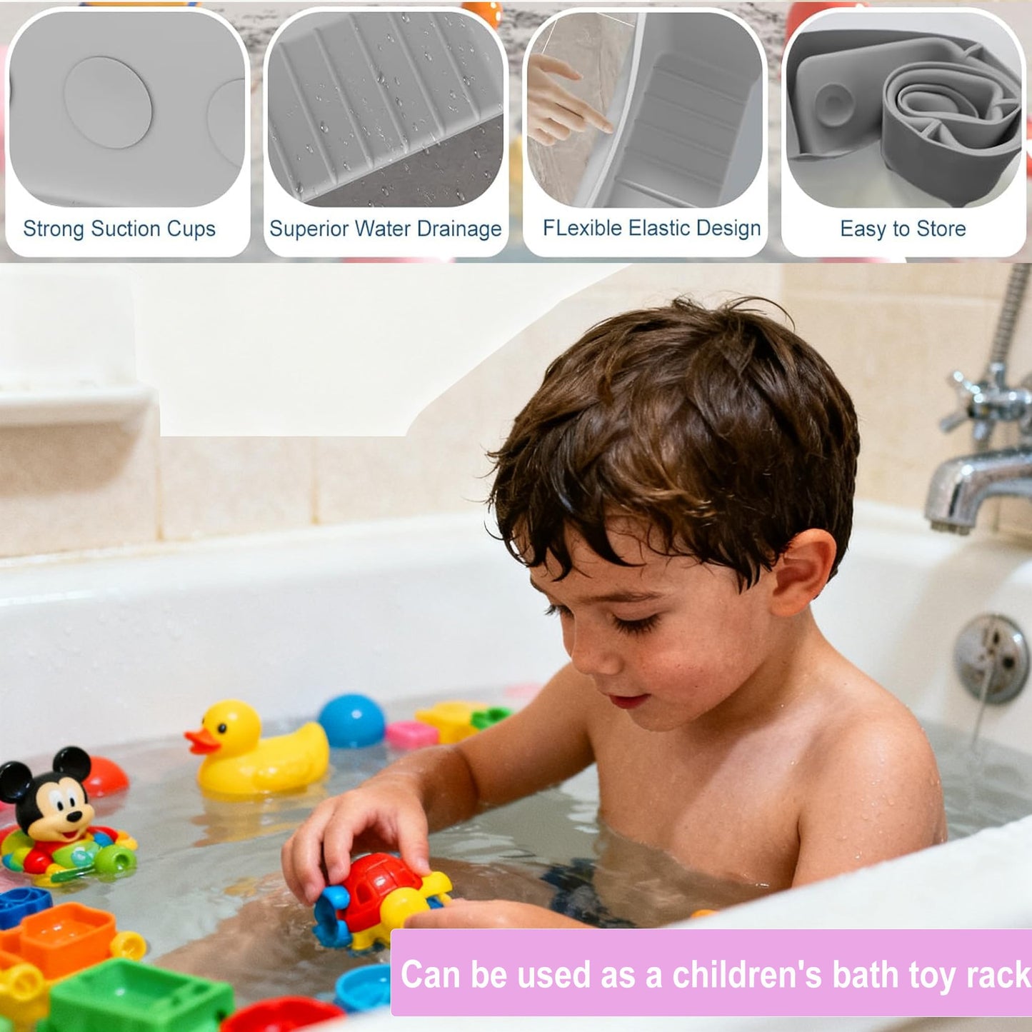 Lavender Longer Bath Tub Splash Guard for Kids,Silicone Bath Toy Holder for Bathtub,Prevent Water Spills in Bathroom,Fun-Filled Bath Time for Toddlers Including Bath Brush and Toy Storage Bag (Grey)