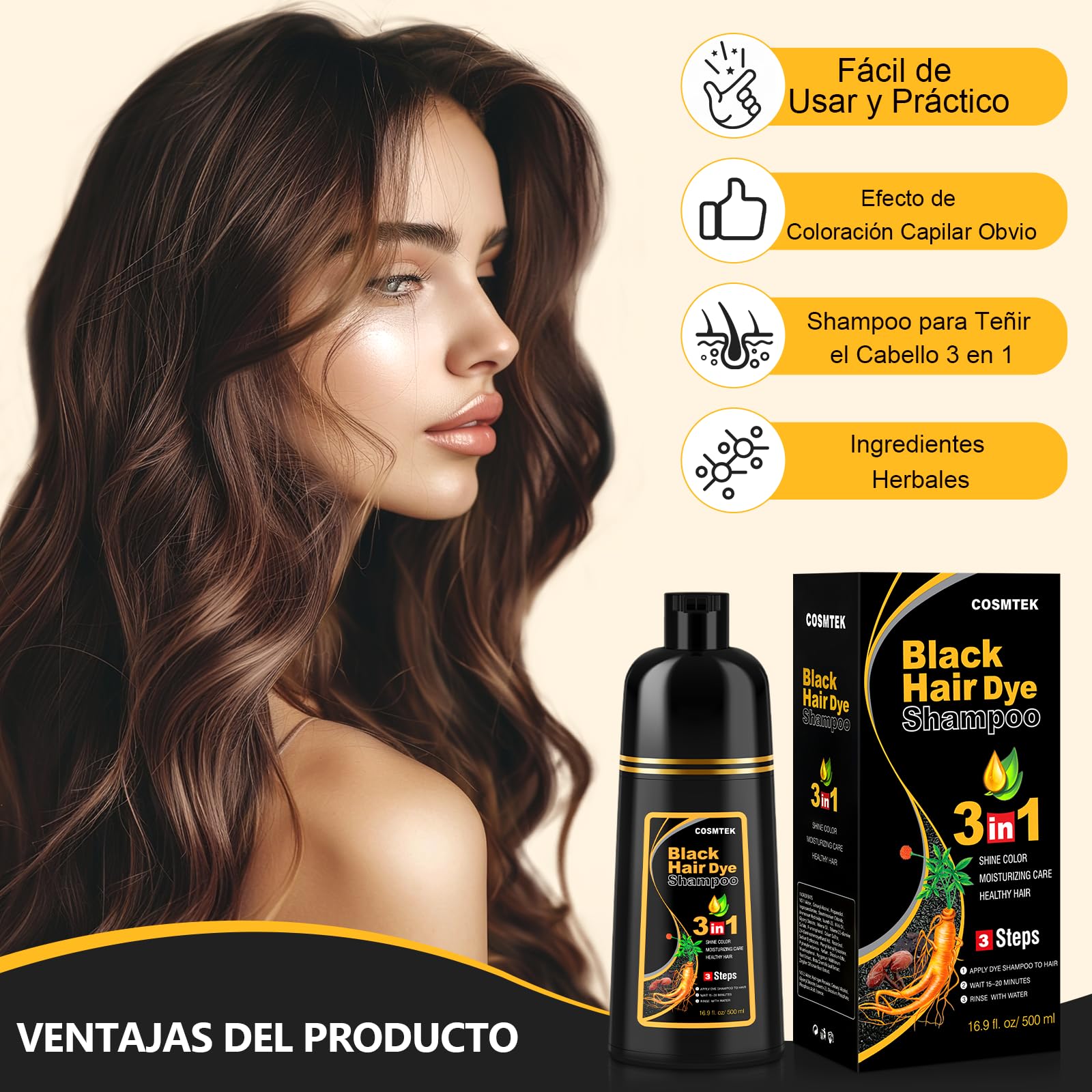 Seashell COSMTEK Black Hair Dye Shampoo for Gray Hair, Semi-Permanent Hair Color Shampoo for Women and Men, Herbal and No Ammonia, 3 in 1-100% Grey Coverage(16.9 Fl oz)