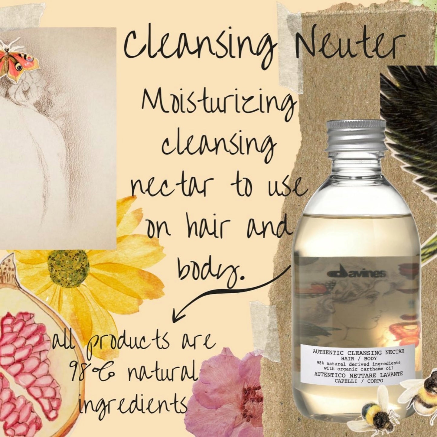 Bisque Davines Authentic Cleansing Nectar, Multi-Functional Shampoo & Body Wash - Gentle Oil-Based Cleanser with 98% Natural Ingredients - Hydrates Hair & Skin, 9.47 Fl Oz