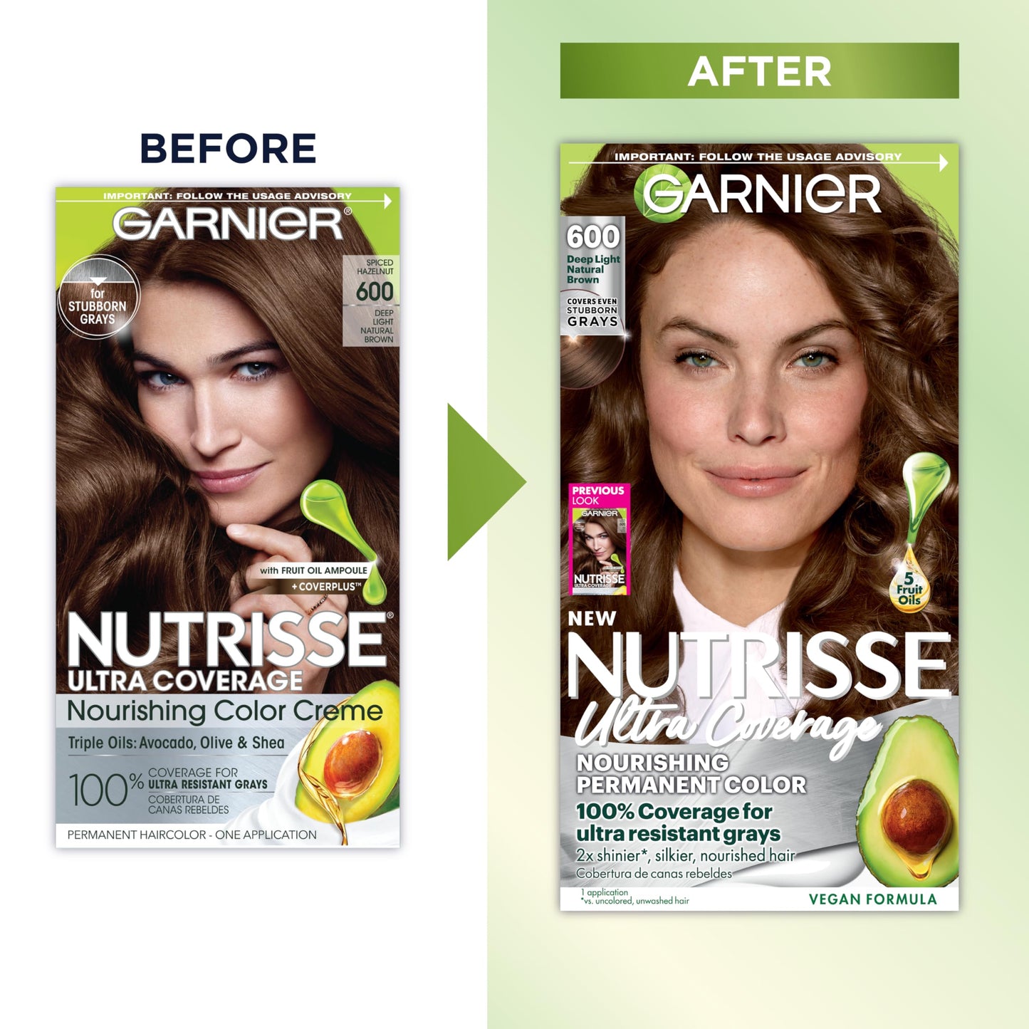 White Smoke Garnier Nutrisse Ultra Coverage Hair Color, Permanent Hair Dye for Up to 8 Weeks of Stubborn Gray Coverage, Vegan & Cruelty-Free, 600 Deep Light Natural Brown (Spiced Hazelnut), 1 Count