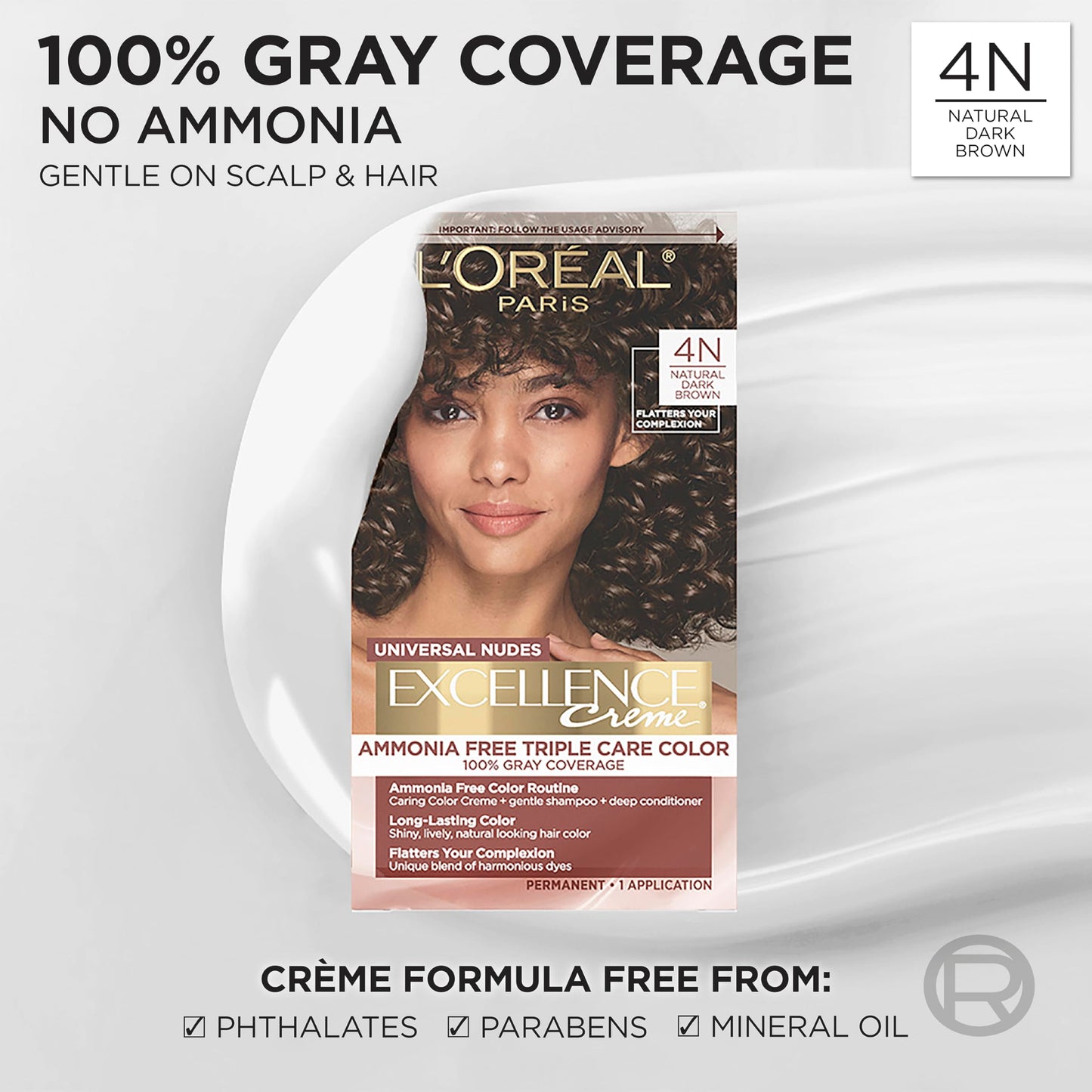Lavender L’Oreal Paris Excellence Universal Nudes Permanent Hair Color, Ammonia Free Hair Dye for Gray Hair Coverage, 4N Natural Dark Brown, 1 Hair Dye Kit