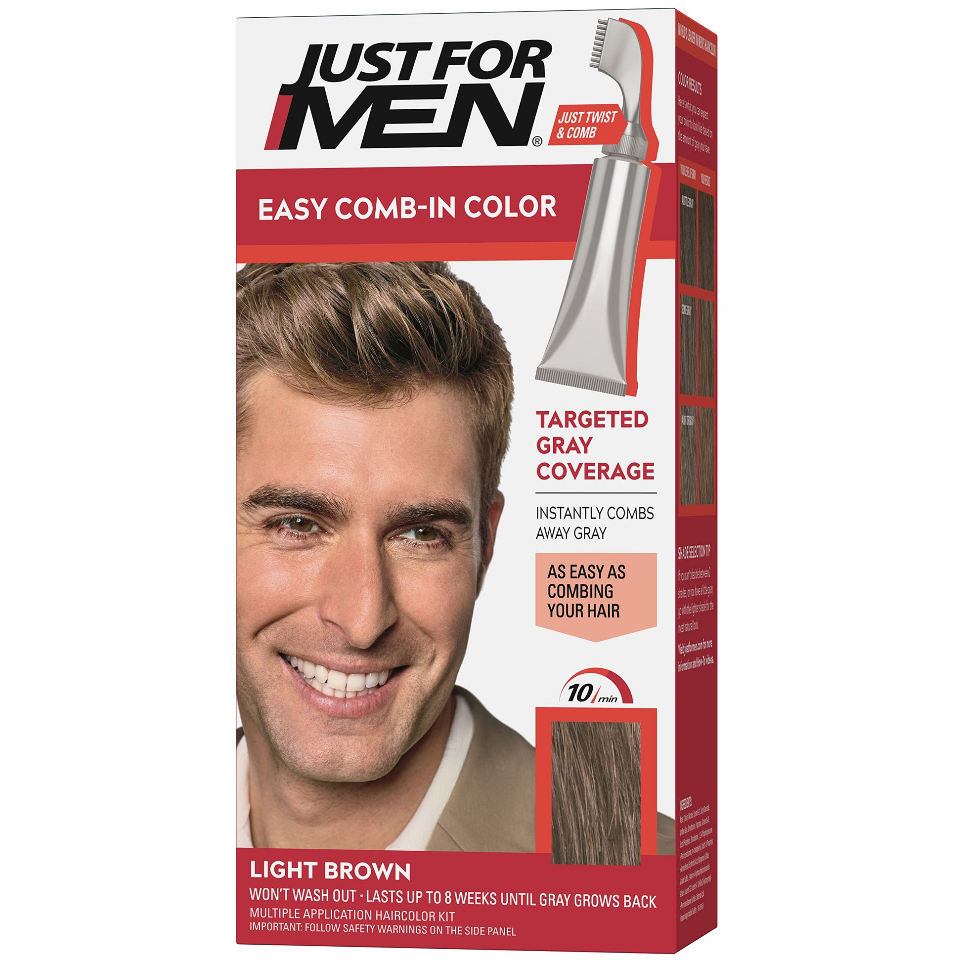 White Smoke Just For Men Easy Comb-In Color Mens Hair Dye, Easy No Mix Application with Comb Applicator - Light Brown, A-25, Pack of 1