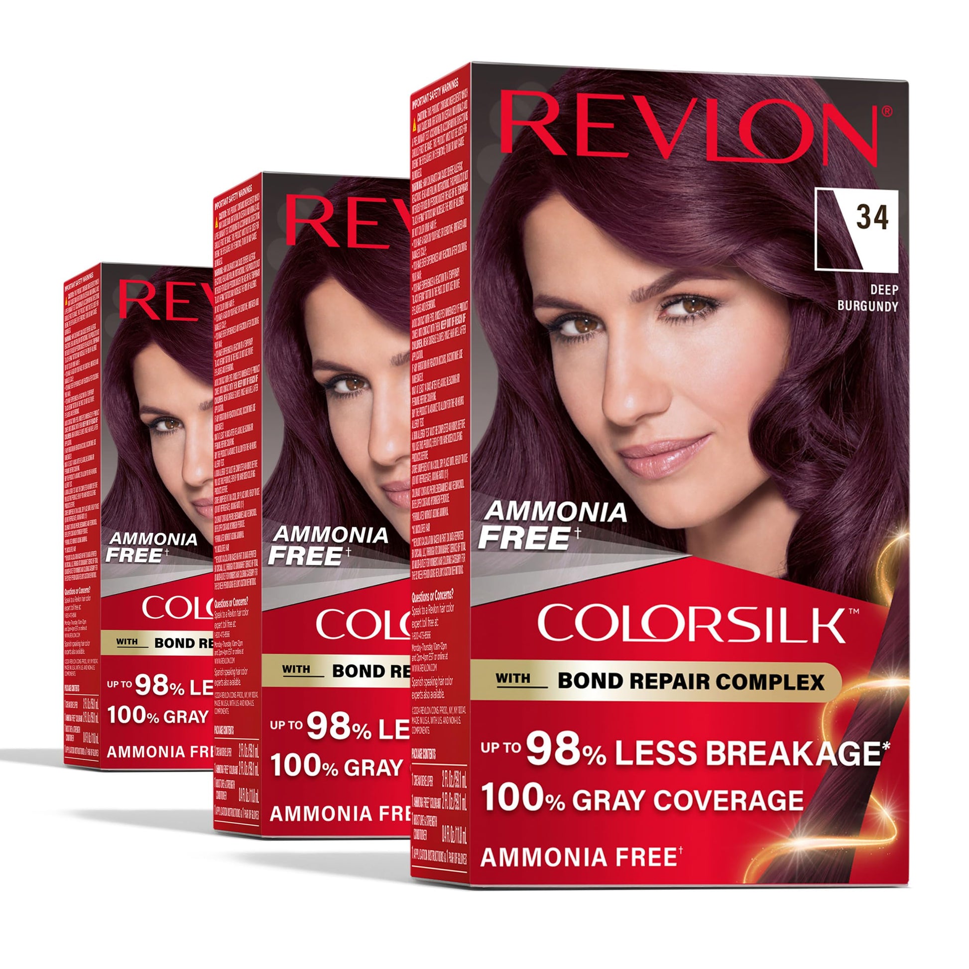 White Smoke Revlon ColorSilk with Bond Repair Complex, Burgundy Permanent Hair Color, 100% Gray Coverage, Ammonia Free Hair Dye, Vegan Keratin, 34 Deep Burgundy (Pack of 3)