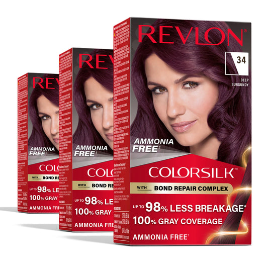 White Smoke Revlon ColorSilk with Bond Repair Complex, Burgundy Permanent Hair Color, 100% Gray Coverage, Ammonia Free Hair Dye, Vegan Keratin, 34 Deep Burgundy (Pack of 3)