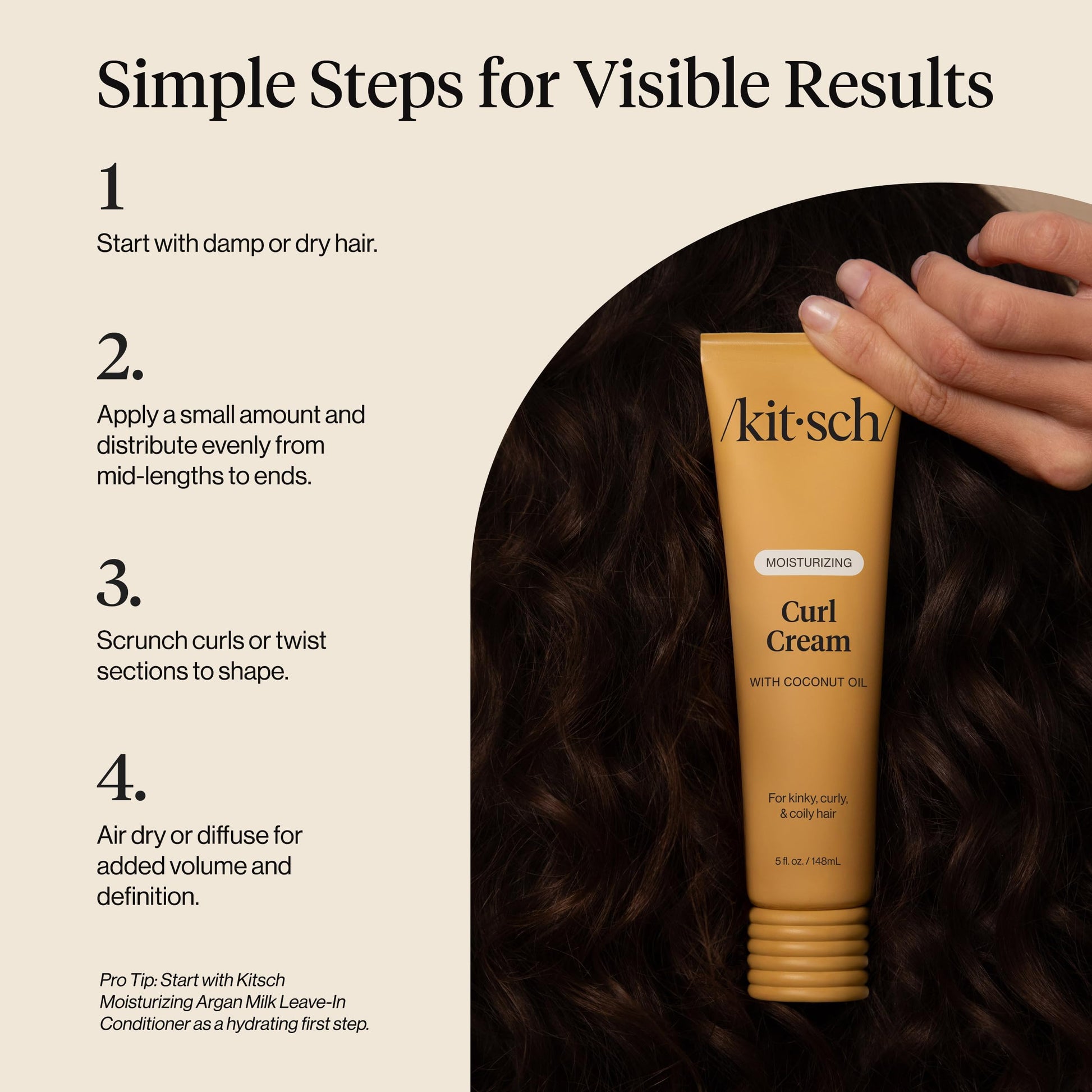 Antique White Kitsch Moisturizing Curl Cream for Curly Hair – Lightweight Curly Hair Products for Men & Women | Defines Curls, Controls Frizz & Boosts Shine | Hydrating Curling Cream - Ideal Gifts for Women