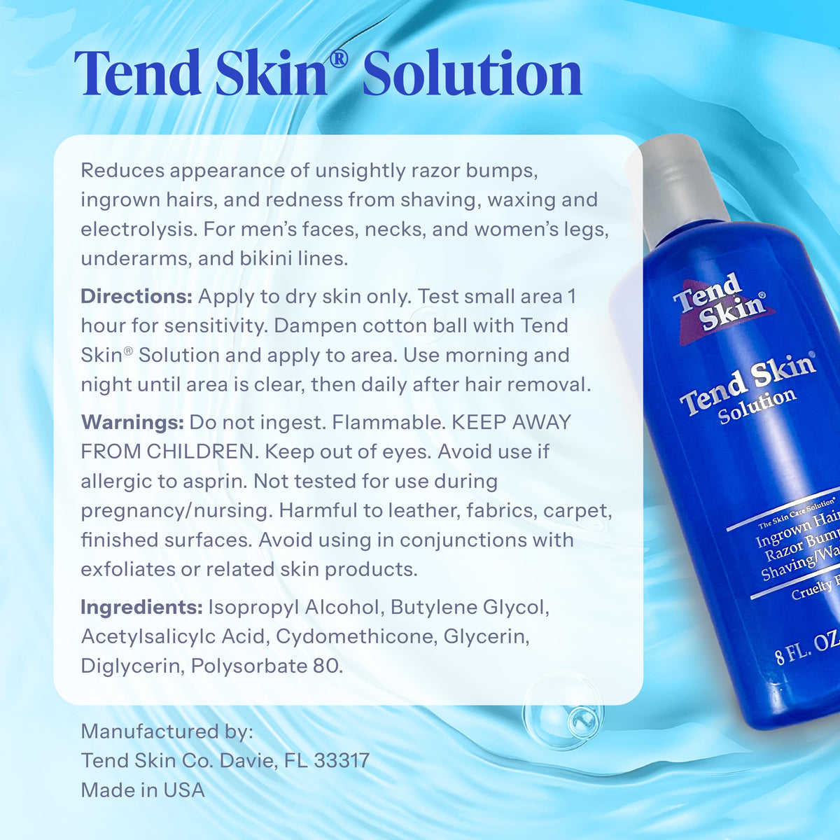 Alice Blue Tend Skin Solution for Unsightly Razor Bumps, Ingrown Hair and Razor Burns, Post Shaving and Waxing Toner for Men and Women, Made in USA, 8 Oz