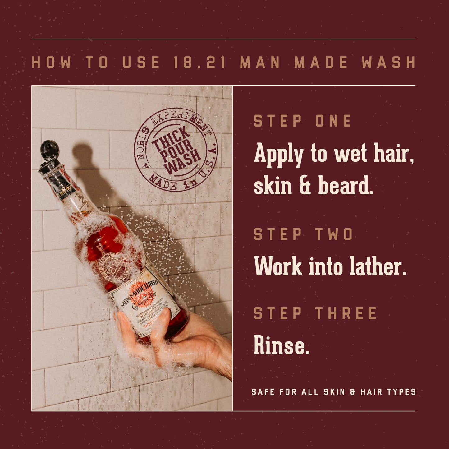 Dark Red 18.21 Man Made Original Sweet Tobacco 3-in-1 Body Wash, Shampoo, & Conditioner for Men, All Hair & Skin Types, Strengthens and Moisturizes in a Manly Aroma, 18 Fl Oz