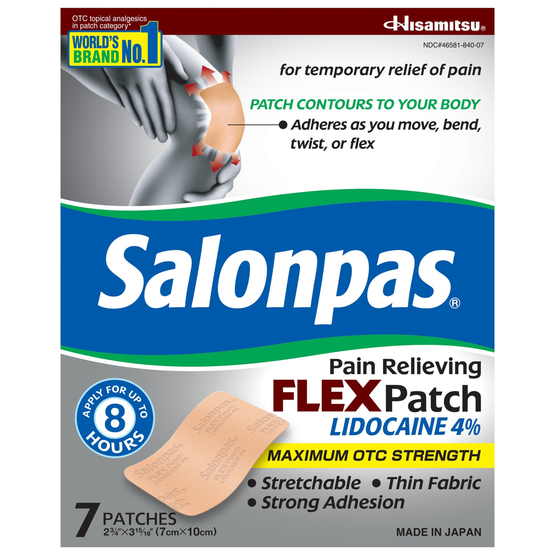 White Smoke Salonpas Maximum OTC Strength Lidocaine 4% Pain Relieving Flex Patch, Apply for Up to 8 Hours, Unscented, Thin, Flexible, Lightweight, Patch Stays in Place, 7 Patches