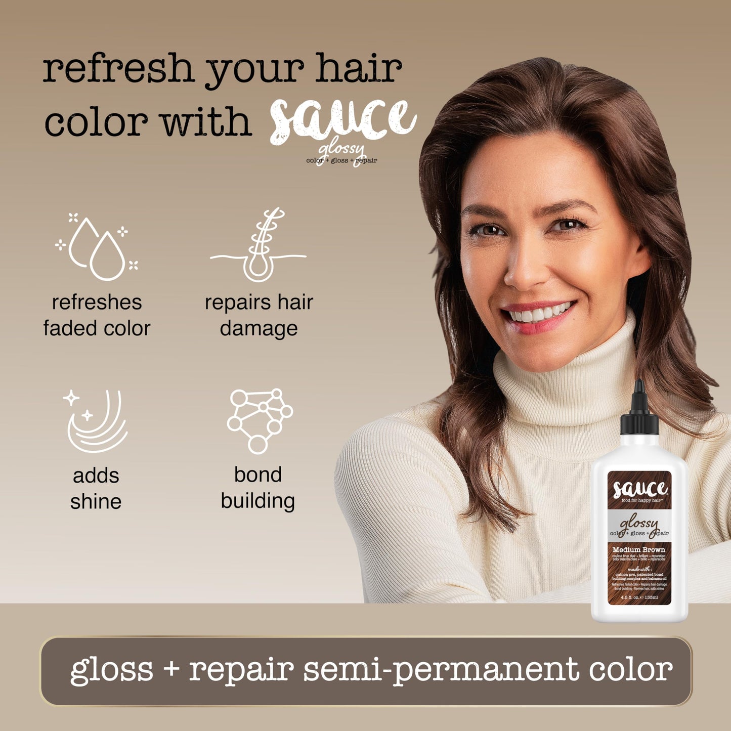 Gray Sauce Beauty Glossy Color + Gloss + Repair, Medium Brown, Semi Permanent Hair Dye with Bond-Building and Color-Fade Protection Technology, Adds Shine & Deep Moisture, Lasts 4-8 Weeks, Stops Fade