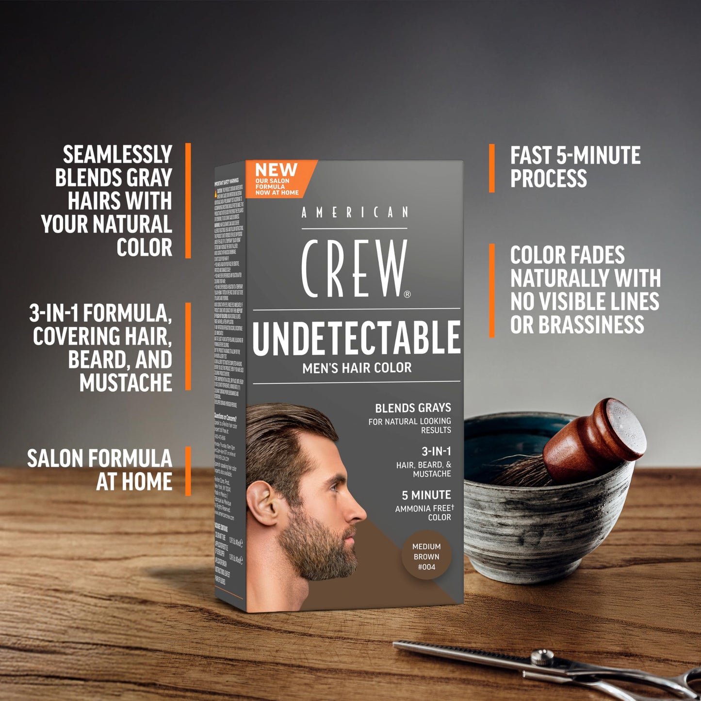 Dim Gray American Crew Undetectable Men's Hair Color |Medium Brown Demi-Permanent Hair Dye | Natural-Looking Gray Coverage for Men, 004 Medium Brown, 1 pack