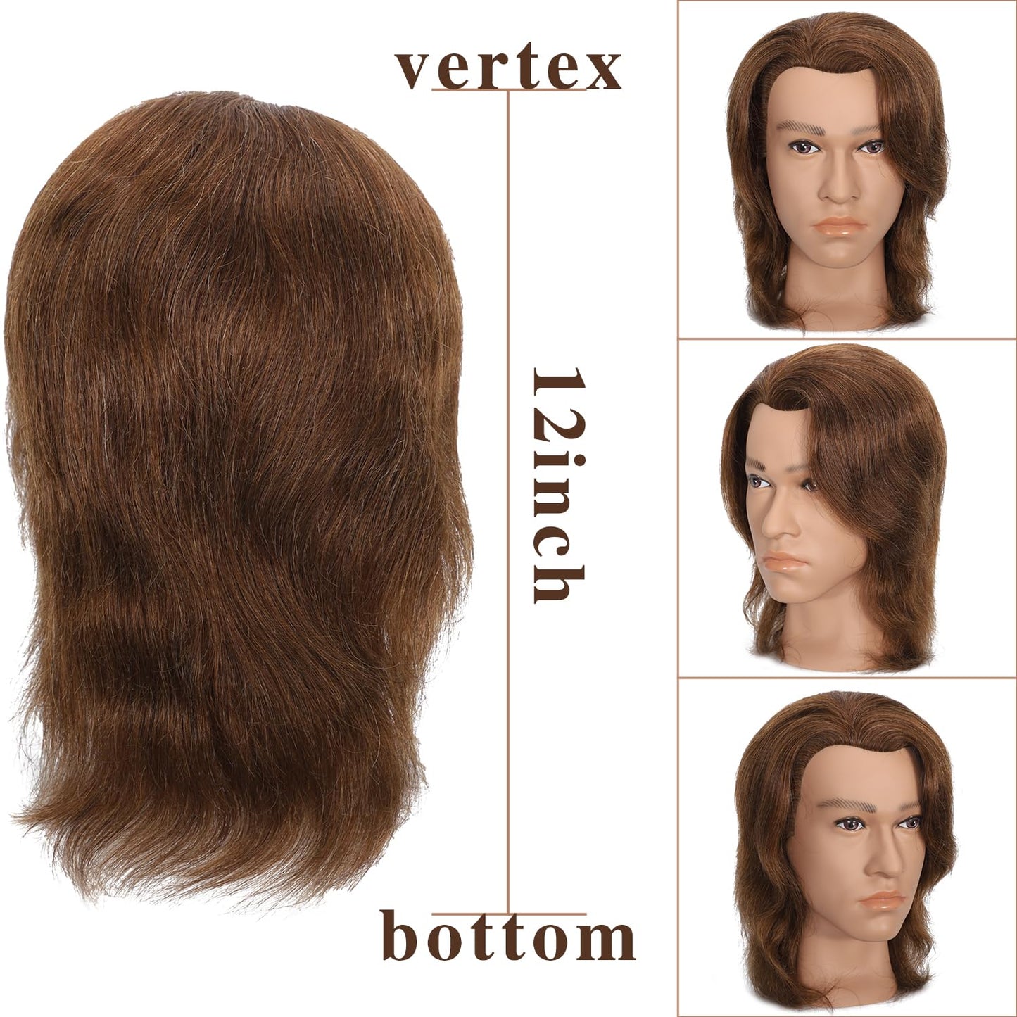 White Smoke TKIMHEQ 12" Male Mannequin Head with 100% Human Hair Haircut Training Head for Cosmetology Straight Thick Hair Manikin Head Doll Head with Stand Practice Cutting Styling (Brown#)