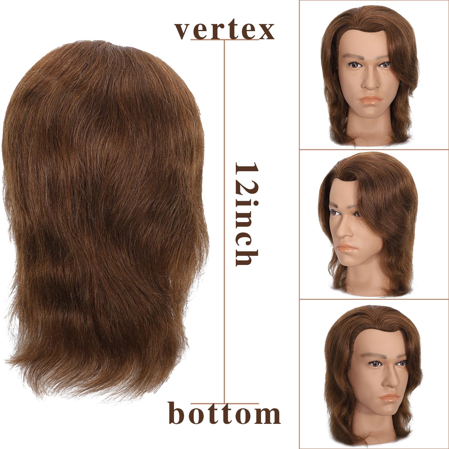 White Smoke TKIMHEQ 12" Male Mannequin Head with 100% Human Hair Haircut Training Head for Cosmetology Straight Thick Hair Manikin Head Doll Head with Stand Practice Cutting Styling (Brown#)