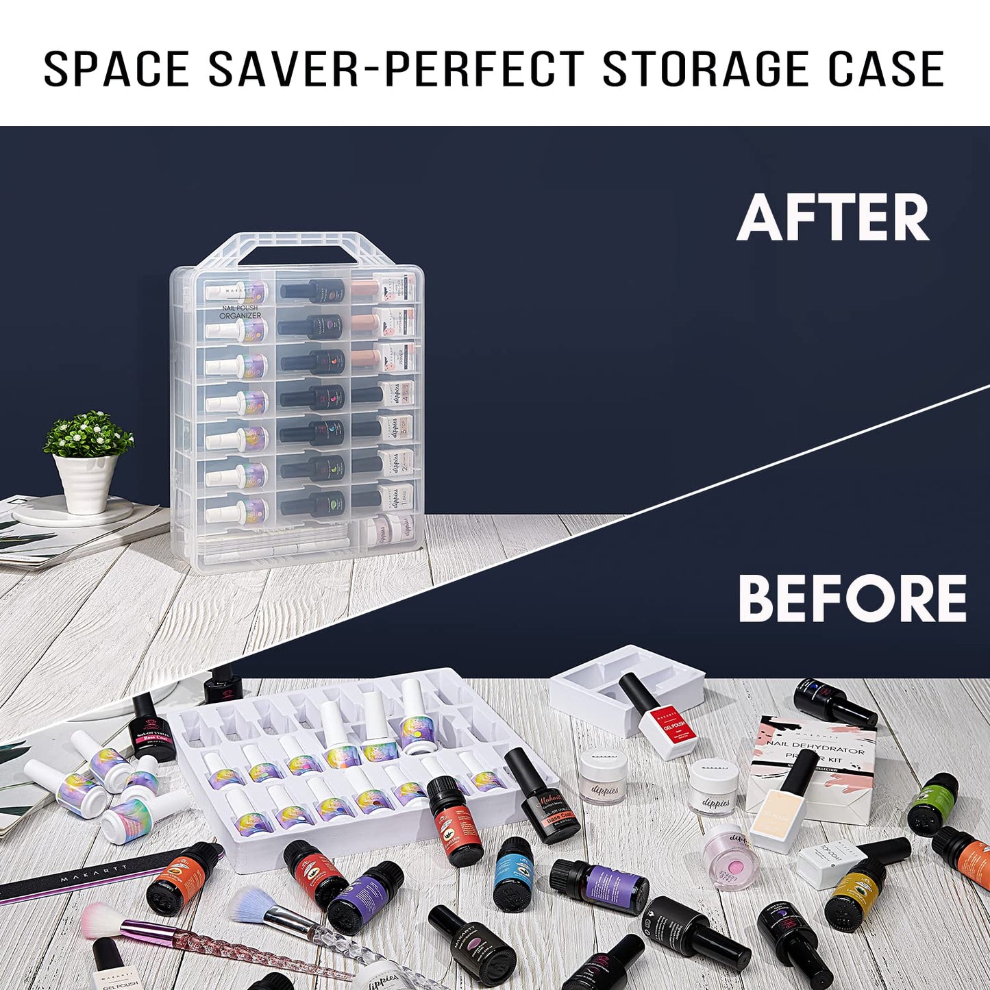 Dark Slate Gray Makartt Nail Polish Organizer: Clear Universal Nail Polish Holder for 48 Bottles, Portable Sturdy Gel Nail Polish Organizer Case with 8 Adjustable Dividers, Space Saver for Nail Bottles Display Travel
