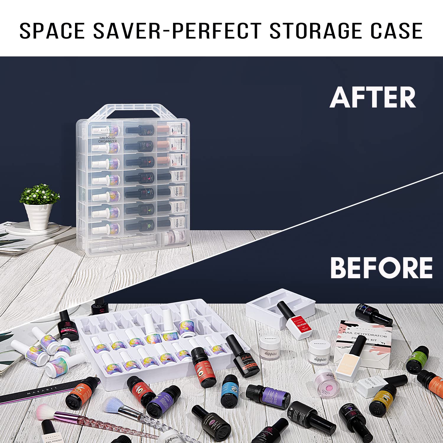 Dark Slate Gray Makartt Nail Polish Organizer: Clear Universal Nail Polish Holder for 48 Bottles, Portable Sturdy Gel Nail Polish Organizer Case with 8 Adjustable Dividers, Space Saver for Nail Bottles Display Travel