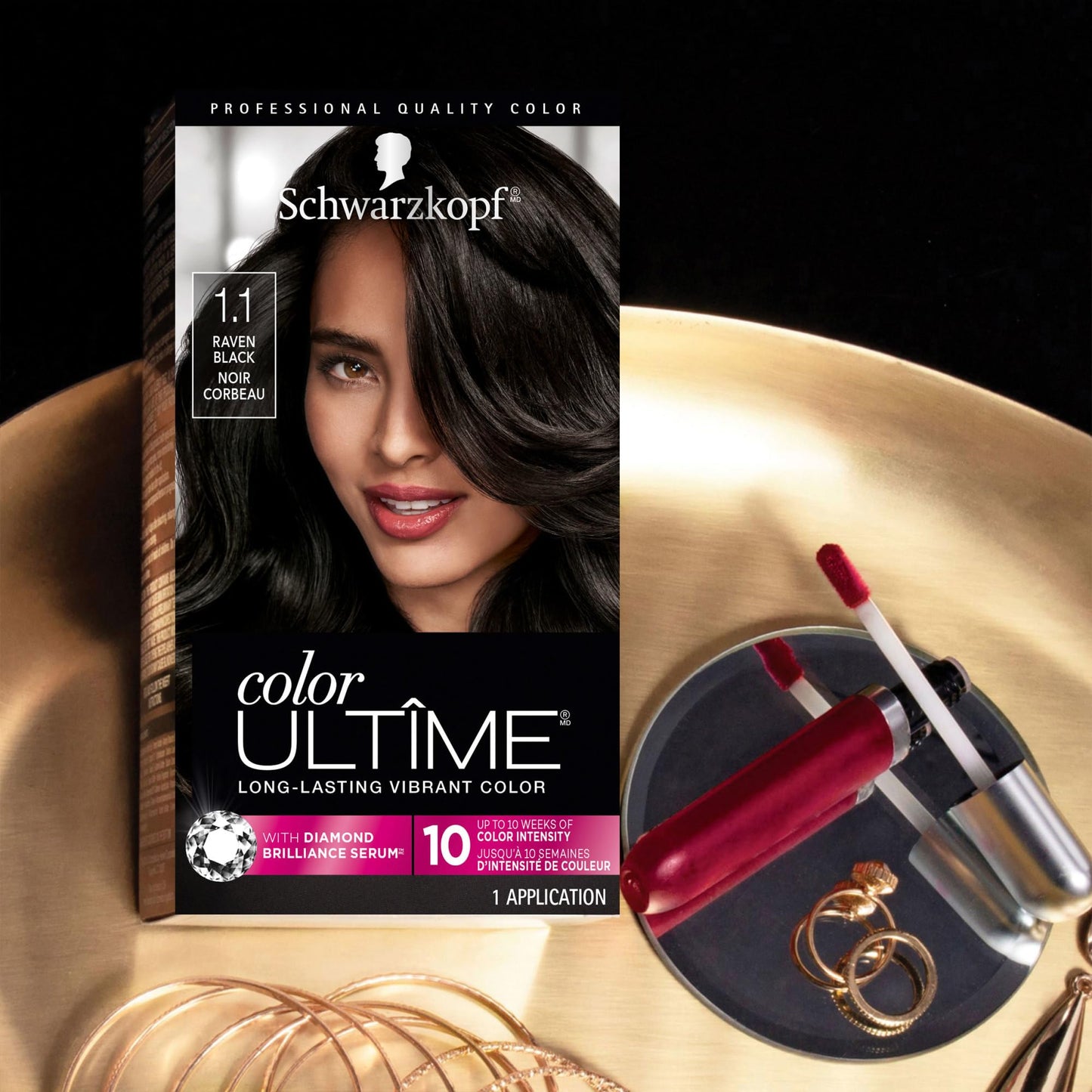 Black Schwarzkopf Color Ultime 1.1 Raven Black Hair Dye, Permanent Intense Black with Diamond Brilliance, Fade-Resistant, Covers Grays, All Hair Textures