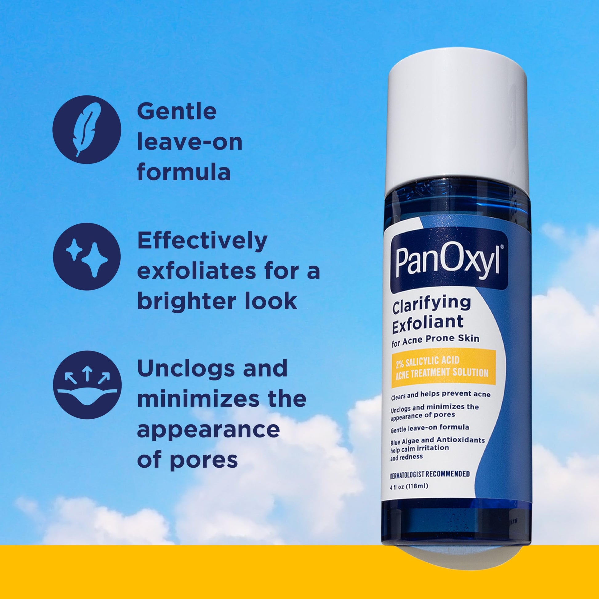 Dodger Blue PanOxyl Clarifying Exfoliant with 2% Salicylic Acid, BHA Liquid Exfoliant for Face, Unclogs, Minimizes Appearance of Pores, Blue Algae and Antioxidants Help Calm Redness, For Acne Prone Skin, 4 fl oz