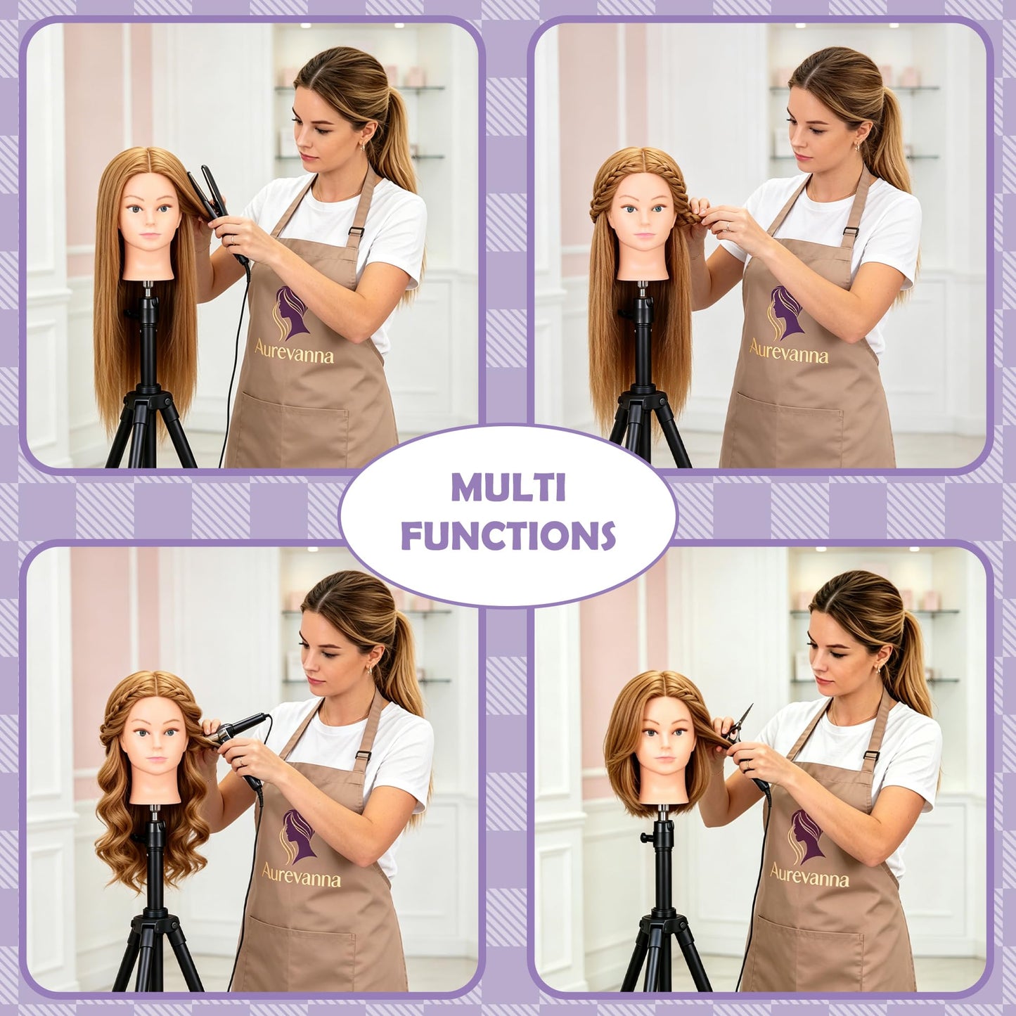 Lavender Mannequin Head with 80% Real Hair for Cosmetology, 26-28" Light Brown Hairdresser Training Head with Clamp Holder and Tool (Blonde)
