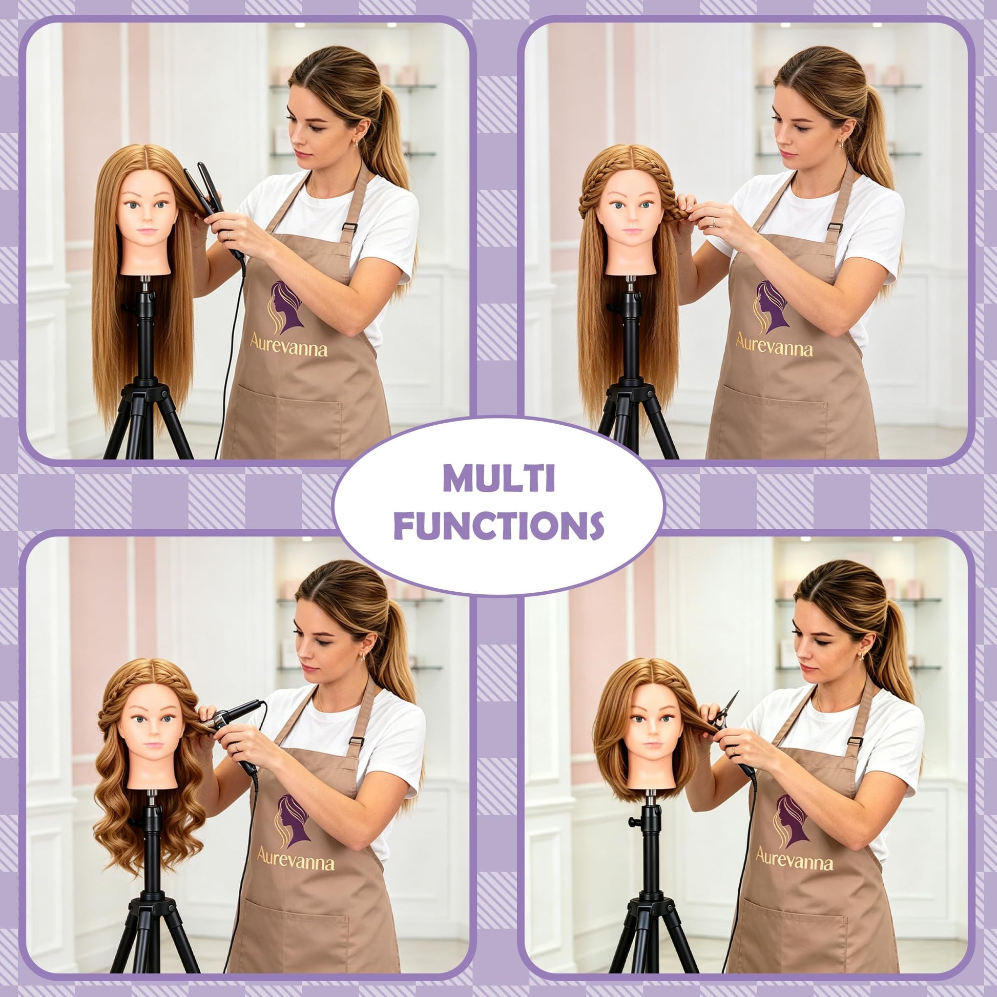 Lavender Mannequin Head with 80% Real Hair for Cosmetology, 26-28" Light Brown Hairdresser Training Head with Clamp Holder and Tool (Blonde)