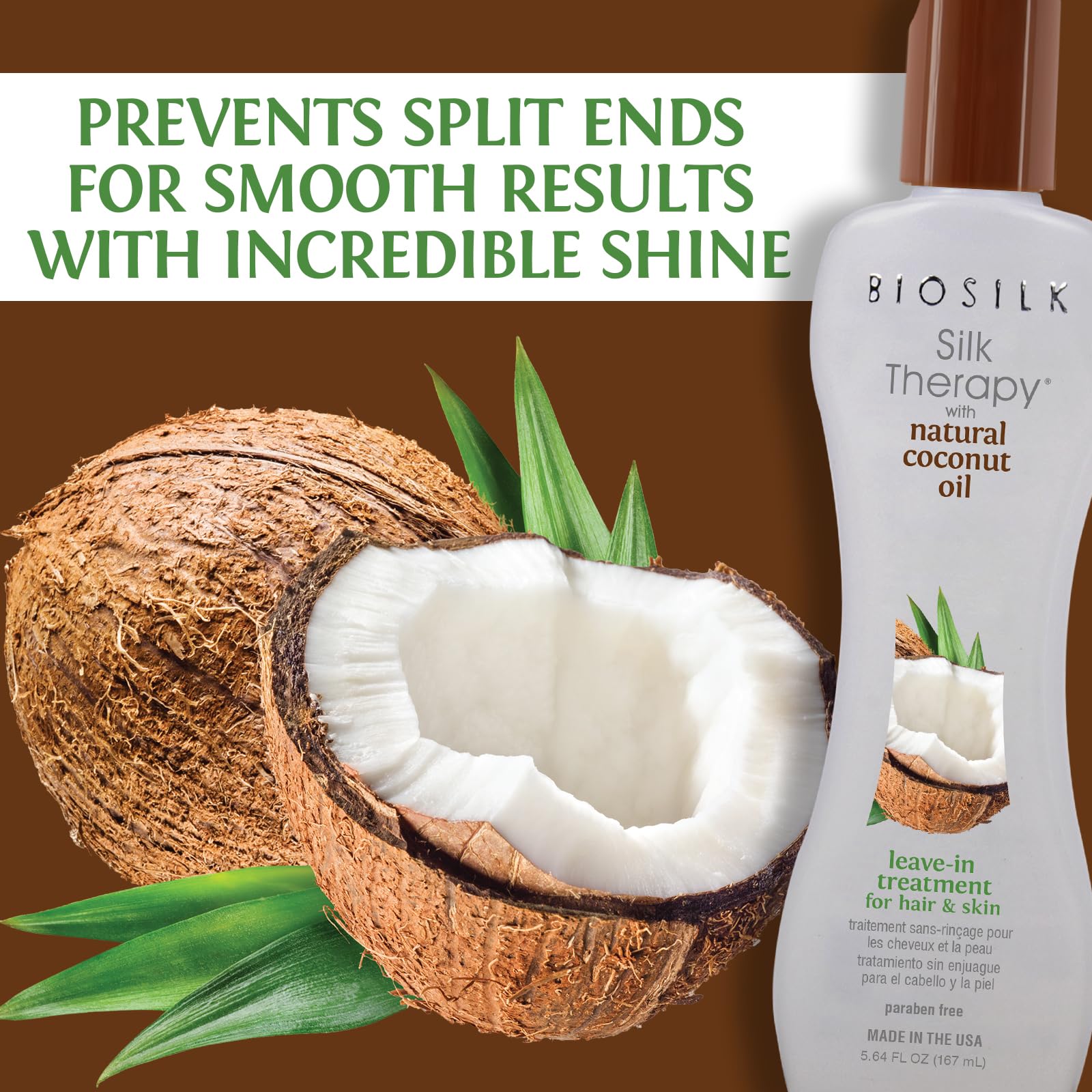 Saddle Brown BioSilk Silk Therapy with Natural Coconut Oil, Leave-In Hair Treatment Cream for Frizz Control & Shine, Strengthens & Smooths Dry, Damaged Hair, Sulfate-Free, Paraben-Free, Cruelty-Free, 5.64 Fl Oz