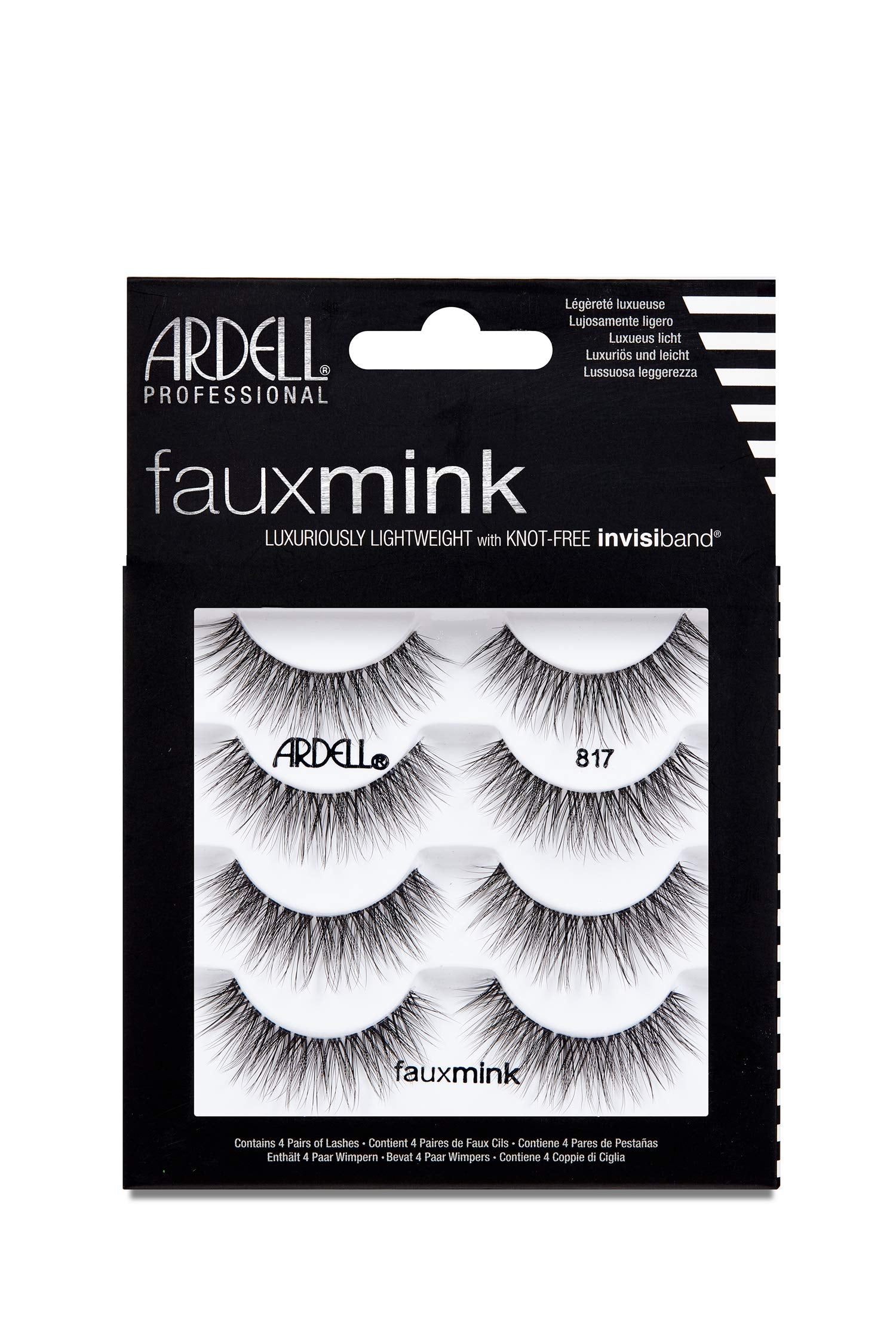 Black Ardell Faux Mink Lashes 817 – Lightweight, Knot-Free Invisiband Eyelashes for Natural Glam, 4 Pairs, 1 Pack