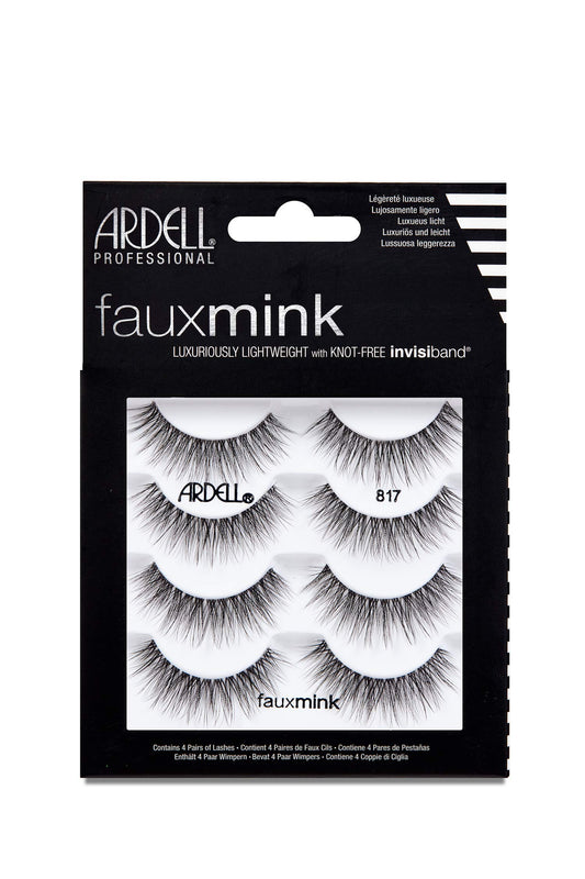 Black Ardell Faux Mink Lashes 817 – Lightweight, Knot-Free Invisiband Eyelashes for Natural Glam, 4 Pairs, 1 Pack