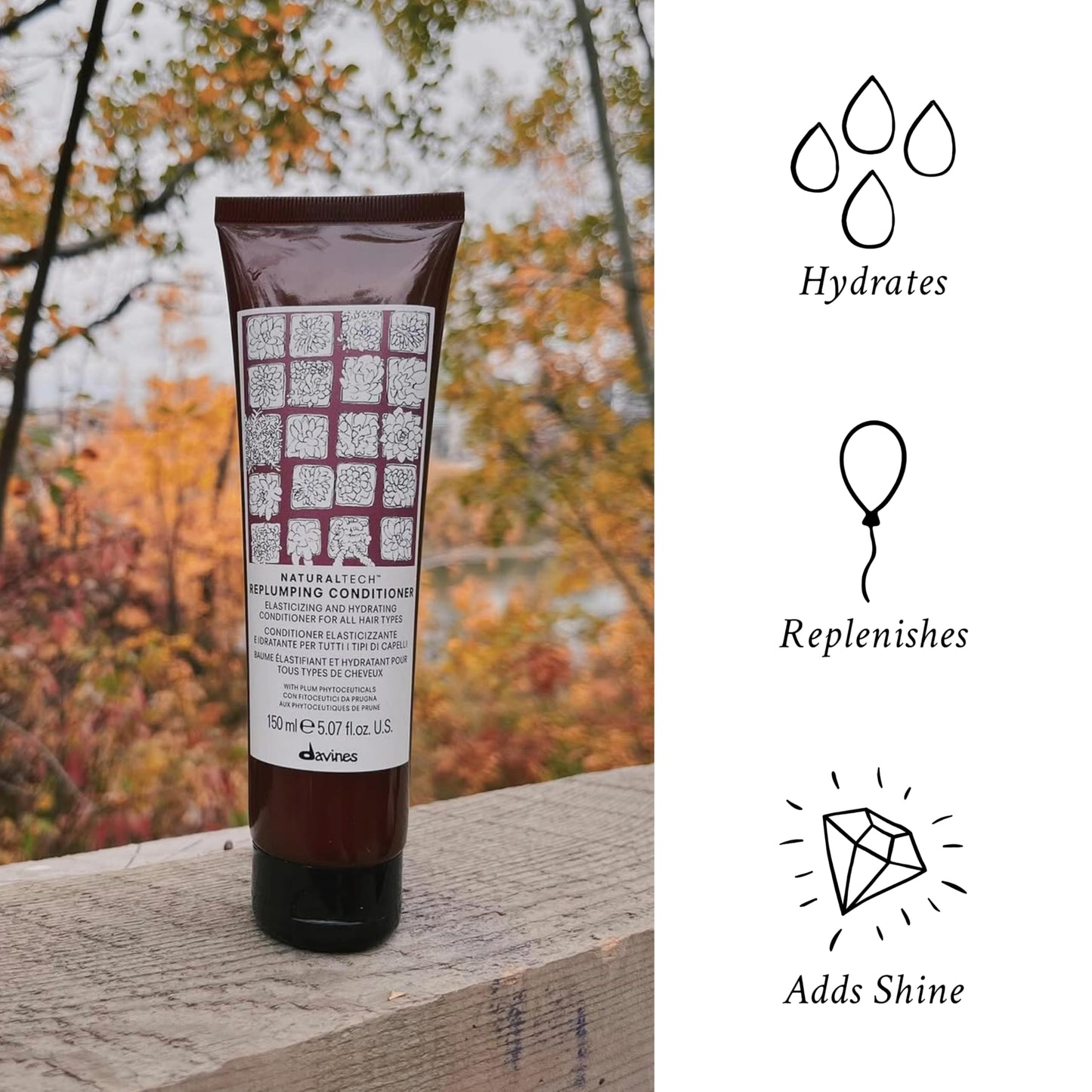 White Smoke Davines Naturaltech Replumping Conditioner, Elasticizing & Moisturizing for Fine Hair Lacking Elasticity - With Plum Phytoceuticals - Detangles & Adds Body, 5.07 Fl Oz