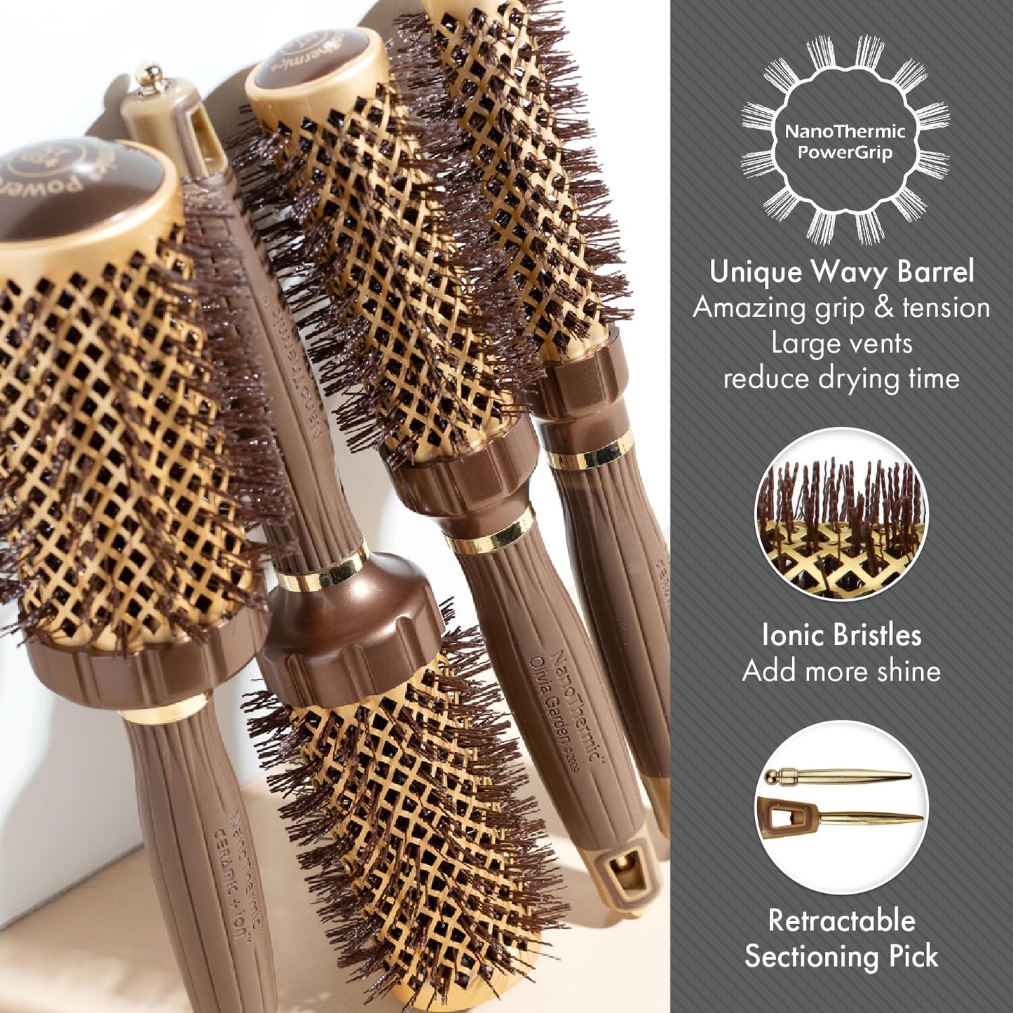 Dim Gray Olivia Garden NanoThermic PowerGrip Thermal Round Hair Brush - Not Electrical - Ceramic Blowout Brush for Medium to Thick Hair, 1 1/4 inch