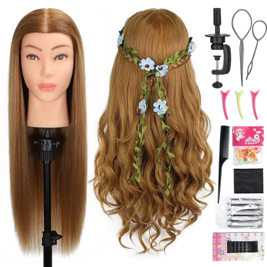 White Smoke MQHIHI Mannequin Head Human Hair, 80% Real Hair Cosmetology Manikin Head for Practice Braiding Hairstyling Cutting with Free Clamp Holder and Tools (Light Brown)
