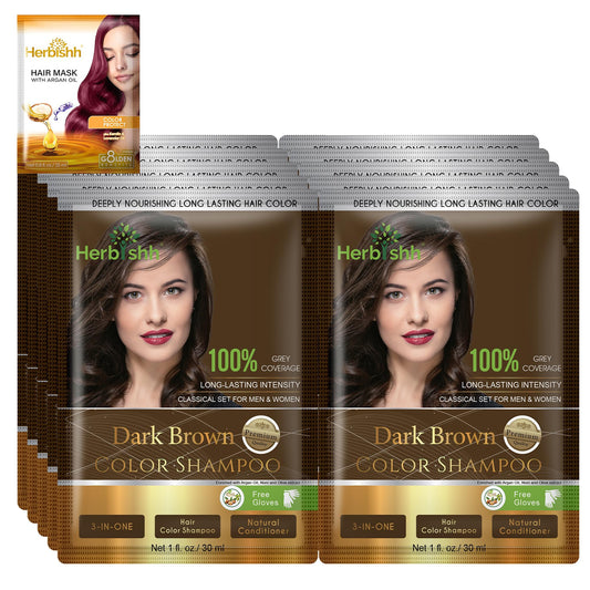 White Smoke Herbishh Natural Hair Color Shampoo for Gray Hair - Argan Hair Mask, Travel Size, Long-Lasting Color, Ammonia-Free, 10 Pack + 1 Pack (Dark Brown)