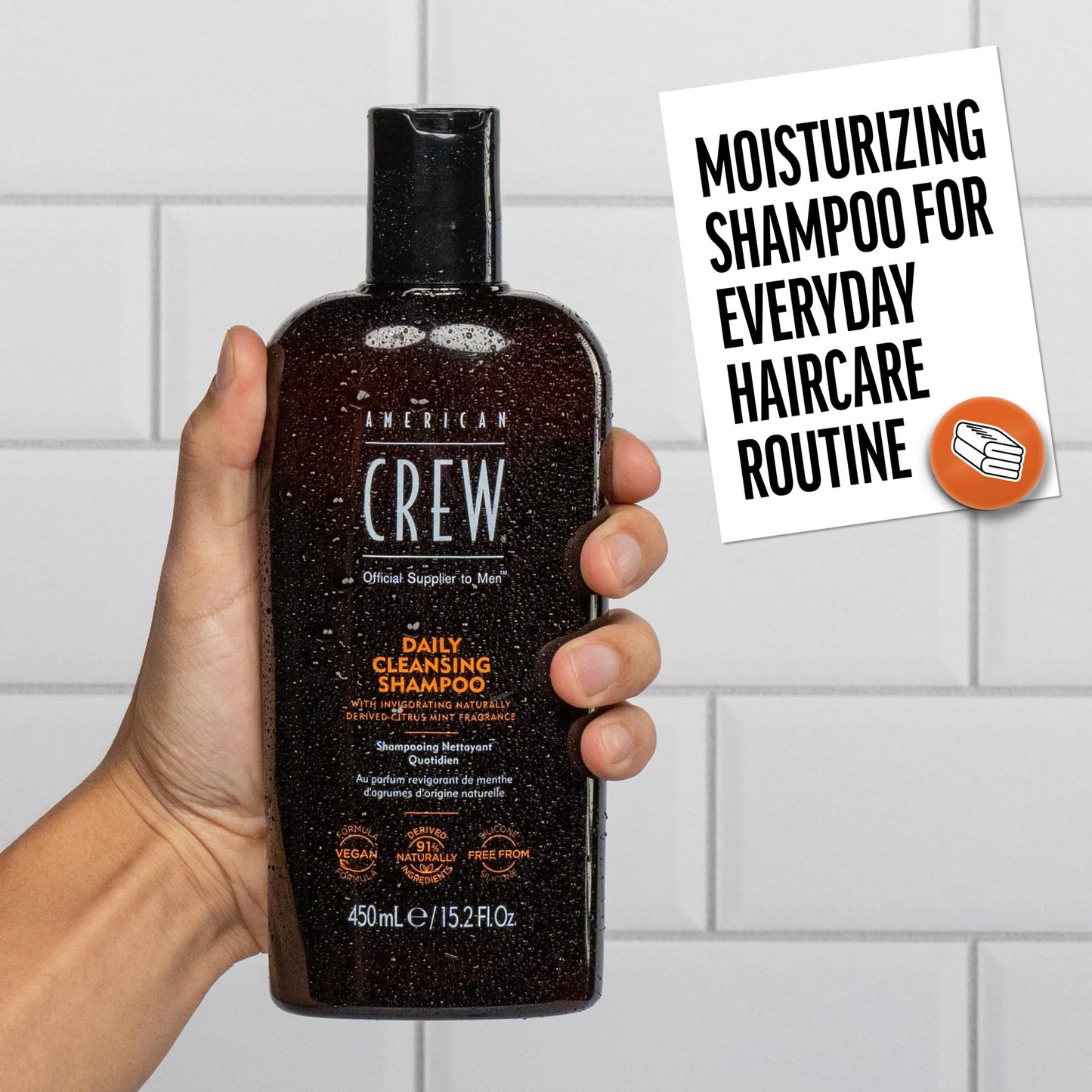 Light Gray American Crew Shampoo for Men, Daily Cleanser, Naturally Derived, Vegan Formula, Citrus Mint Fragrance, 33.8 Fl Oz