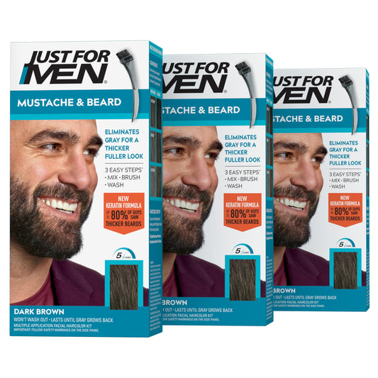 White Smoke Just For Men Mustache & Beard, Beard Dye for Men with Brush Included, With Keratin Biotin Aloe and Coconut Oil for Healthy Facial Hair - Dark Brown, M-45, Pack of 3 (Packaging May Vary)