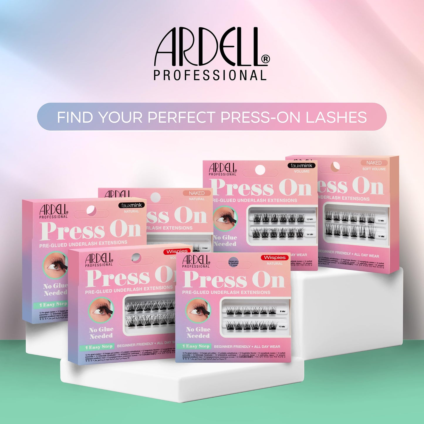 Lavender Blush Ardell Press On Pre-Glued Eyelash Extension - Wispies Volume, Customizable DIY Lash Clusters, All-Day Wear, 12mm and 14mm Individual Lashes, 12 Count