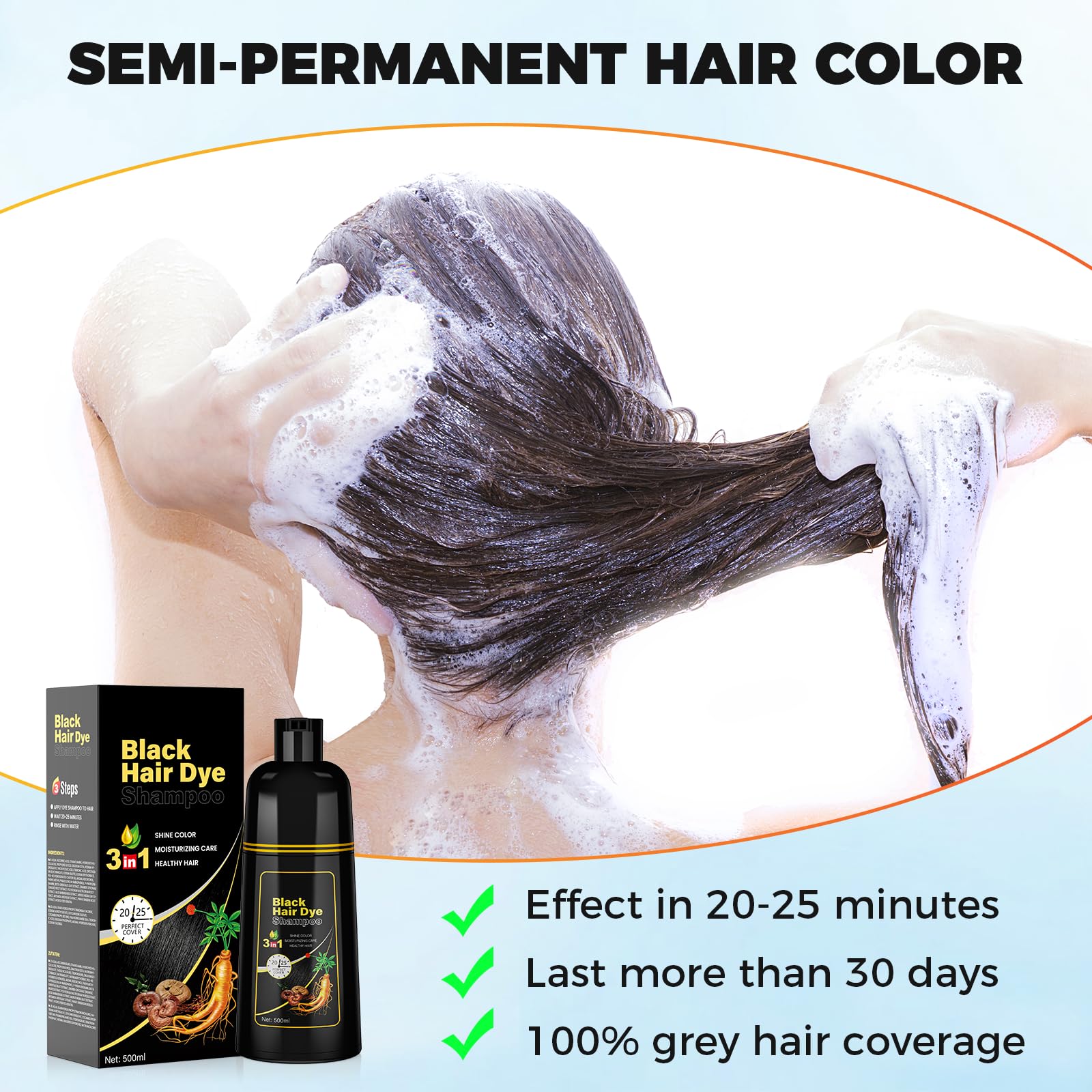 White Smoke JUANCHI Black Hair Dye Shampoo 3 in1, Black Shampoo Hair Dye for Gray Coverage, Natural Hair Color for Women Men, Herbal Formula, Ammonia-free, Lasts 30 Days, 500ml (16.90 oz)