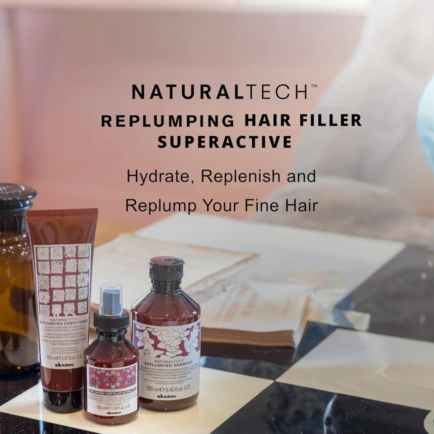 Rosy Brown Davines Naturaltech Replumping Hair Filler Superactive, Moisturizing for Fine Hair Lacking Elasticity - With Plum Phytoceuticals - Thickens & Plumps Hair, Travel Size, 3.38 Fl Oz