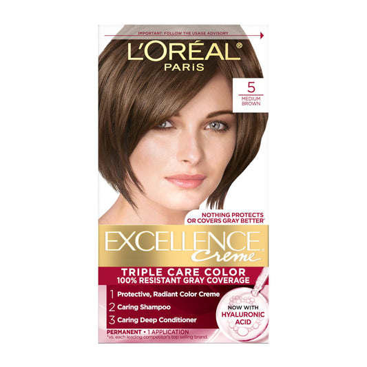 White Smoke L'Oreal Paris Excellence Crème Permanent Hair Dye, Triple Care Hair Color with Hyaluronic Acid for 100% Gray Coverage, 5 Medium Brown, 1 Kit (Packaging May Vary)