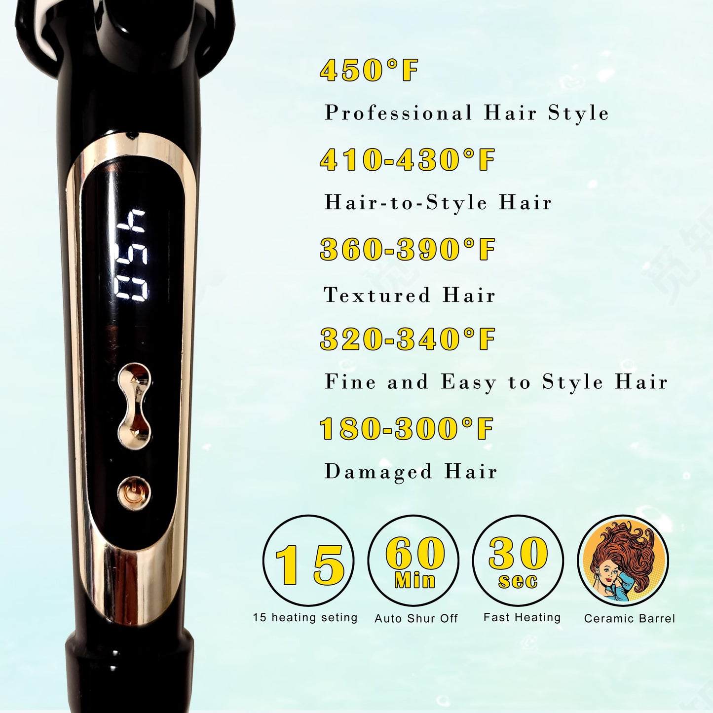 Alice Blue abp 1.25 Inch Curling Iron Extra Long Barrel with Ceramic Coating for Long/Medium Hair,1 1/4 INCH LCD Display Instant Heat up to 450°F with clamp,Hair Style Tool Girls & Women