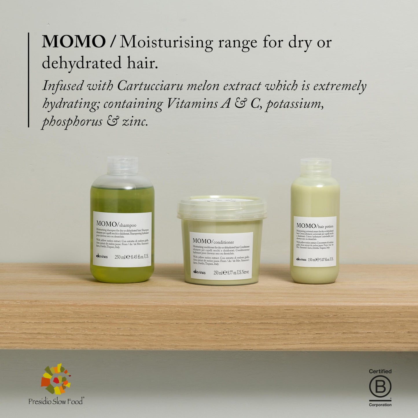 Gray Davines MOMO Moisturizing Shampoo & Conditioner for Dry, Dehydrated Hair, Add Softness & Shine, Detangling Formula