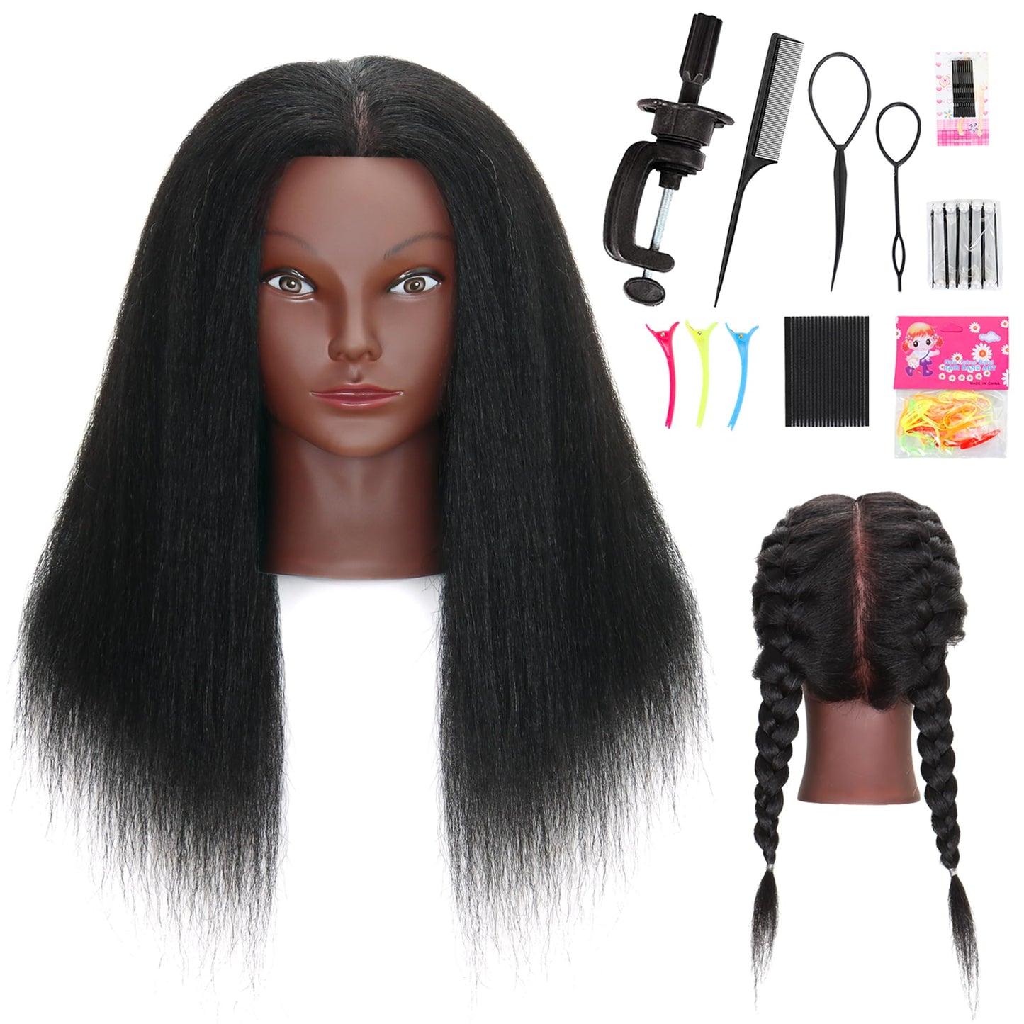 White Smoke Mannequin Head with Human Hair 16'' Cosmetology Manikin Doll Head with 100% Real Human Hair Mannequin Head for Braiding Hairstylists Cosmetology Students Practice Styling with Free Clamp Holder-Black