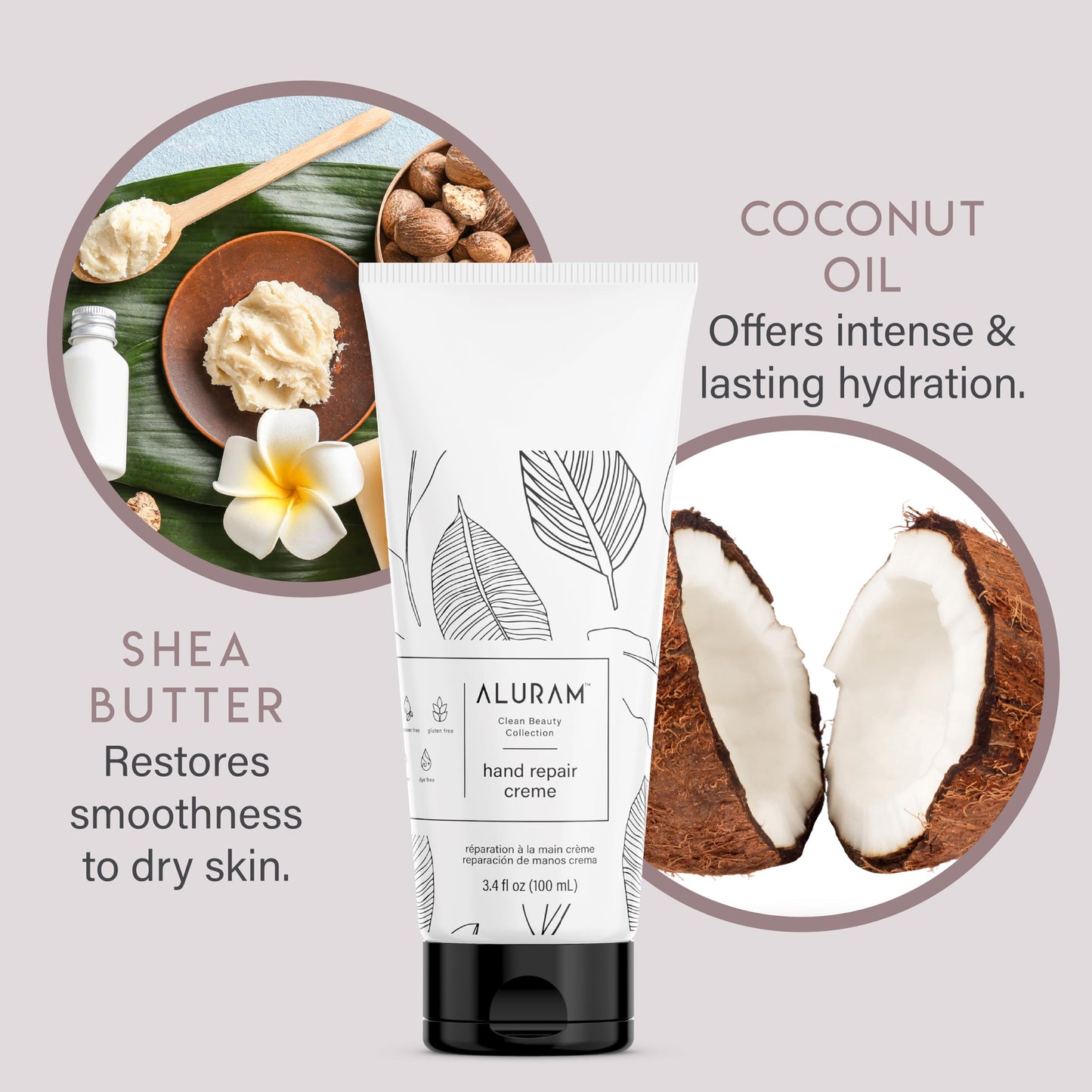 Light Gray ALURAM Hand Repair Creme, Shea Butter & Coconut Oil Moisturizing Lotion for Soft, Smooth Hands 3.4 Fl Oz