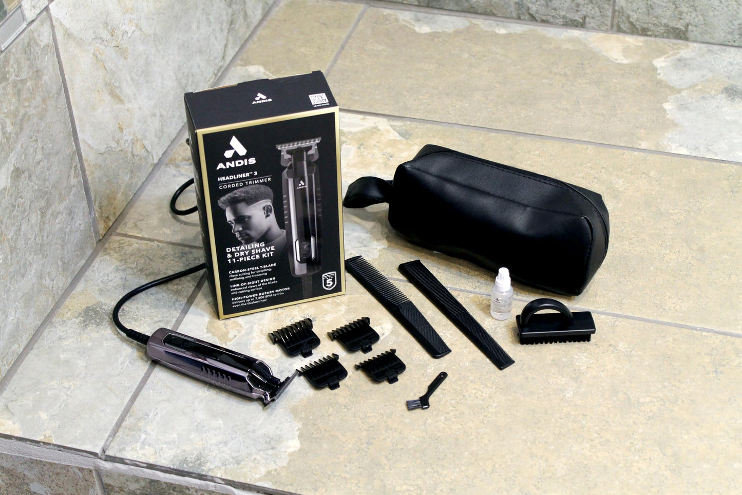 Light Gray Andis 561989 Headliner III Hair Trimmer Kit – 11 Piece Set, Close-Cutting T-Blade, Precision Detail Performance