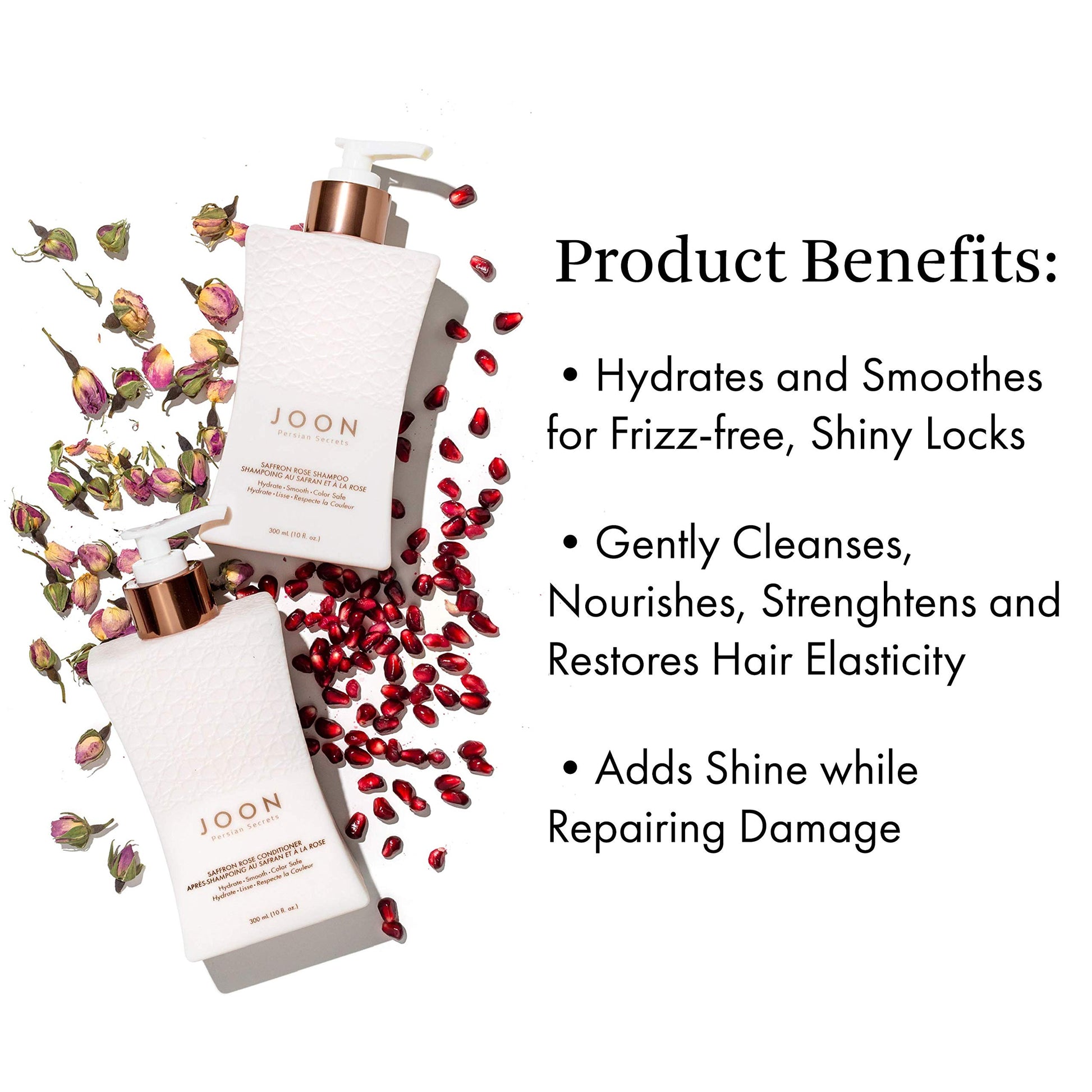 White Smoke Joon Moisturizing Trio Set | 1.1oz Saffron Hair Elixir, 10.1oz Saffron Rose Shampoo and Conditioner