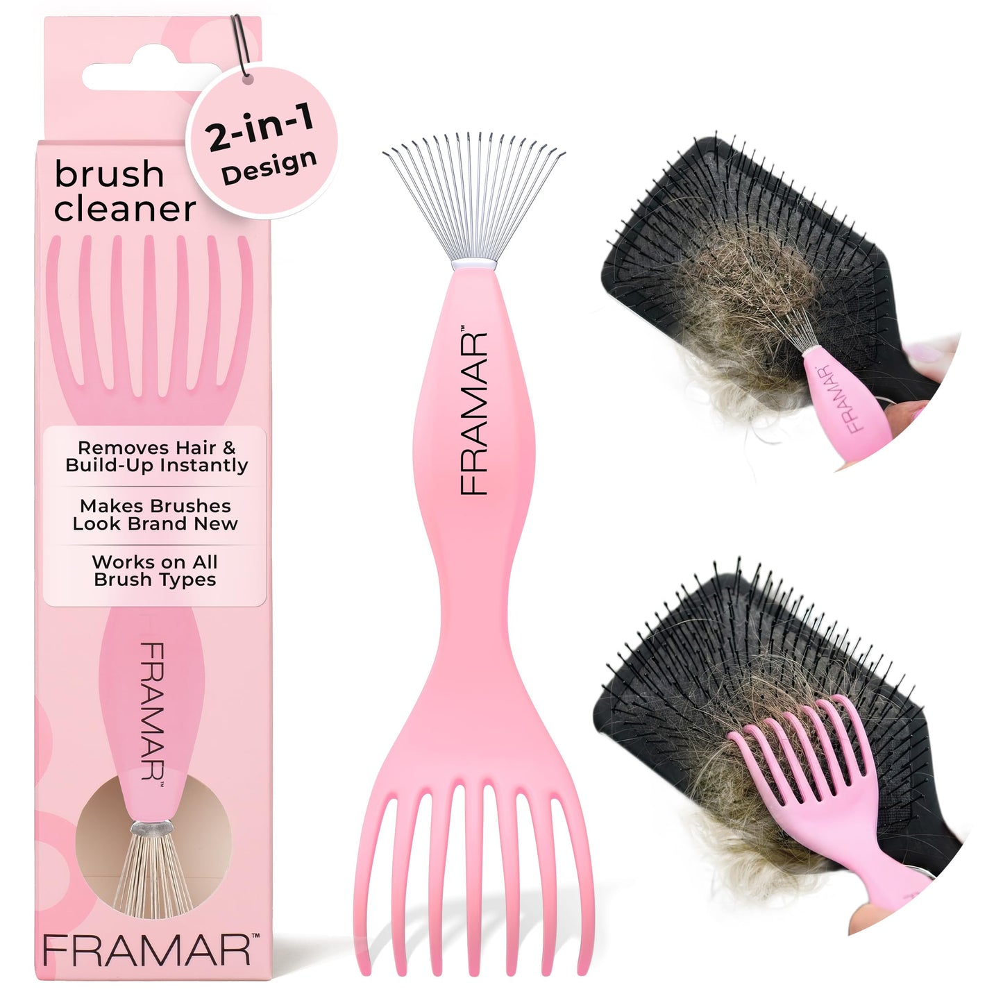 White Smoke FRAMAR Premium Hair Brush Cleaner Tool – Hairbrush Cleaner Tool, Brush Cleaner Tool for All Types, Comb Cleaner – 2 in 1 Design Removes Hair & Build up Instantly – Pink