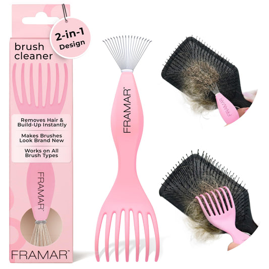 White Smoke FRAMAR Premium Hair Brush Cleaner Tool – Hairbrush Cleaner Tool, Brush Cleaner Tool for All Types, Comb Cleaner – 2 in 1 Design Removes Hair & Build up Instantly – Pink