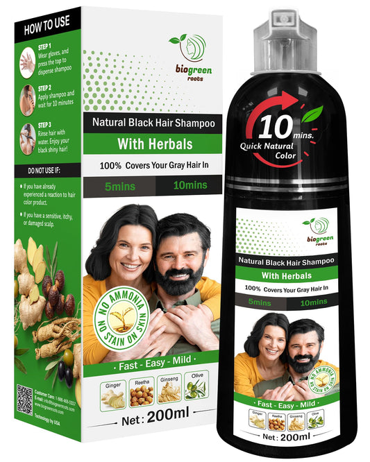 White Smoke BIOGREEN ROOTS Ammonia-Free & Paraben Free Herbal Hair Shampoo - Hair Dye Shampoo for Women & Men - Natural Color & Herbal Nourishment - No Stain on Skin - Natural Black (200 ml)