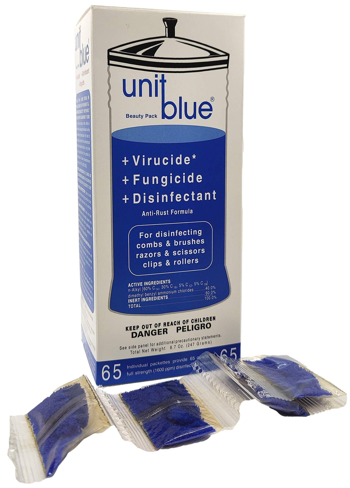 White Smoke Unit Blue Germicidal Barber Disinfectant Liquid Cleaner Concentrate for Barbers - Anti-Rust Formula to Sterilize Scissors, Clips, Razors, Brush & Combs - 65 Sachets Makes 65 QT Solution at 1600 PPM